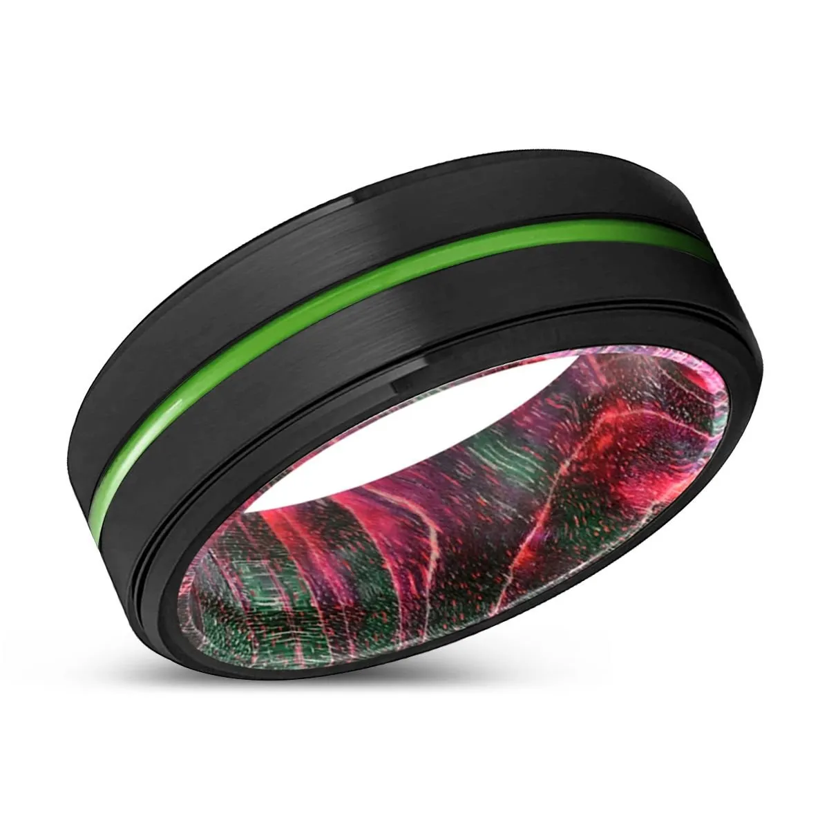 ESCONDIDO | Green & Red Wood, Black Tungsten Ring, Green Groove, Stepped Edge