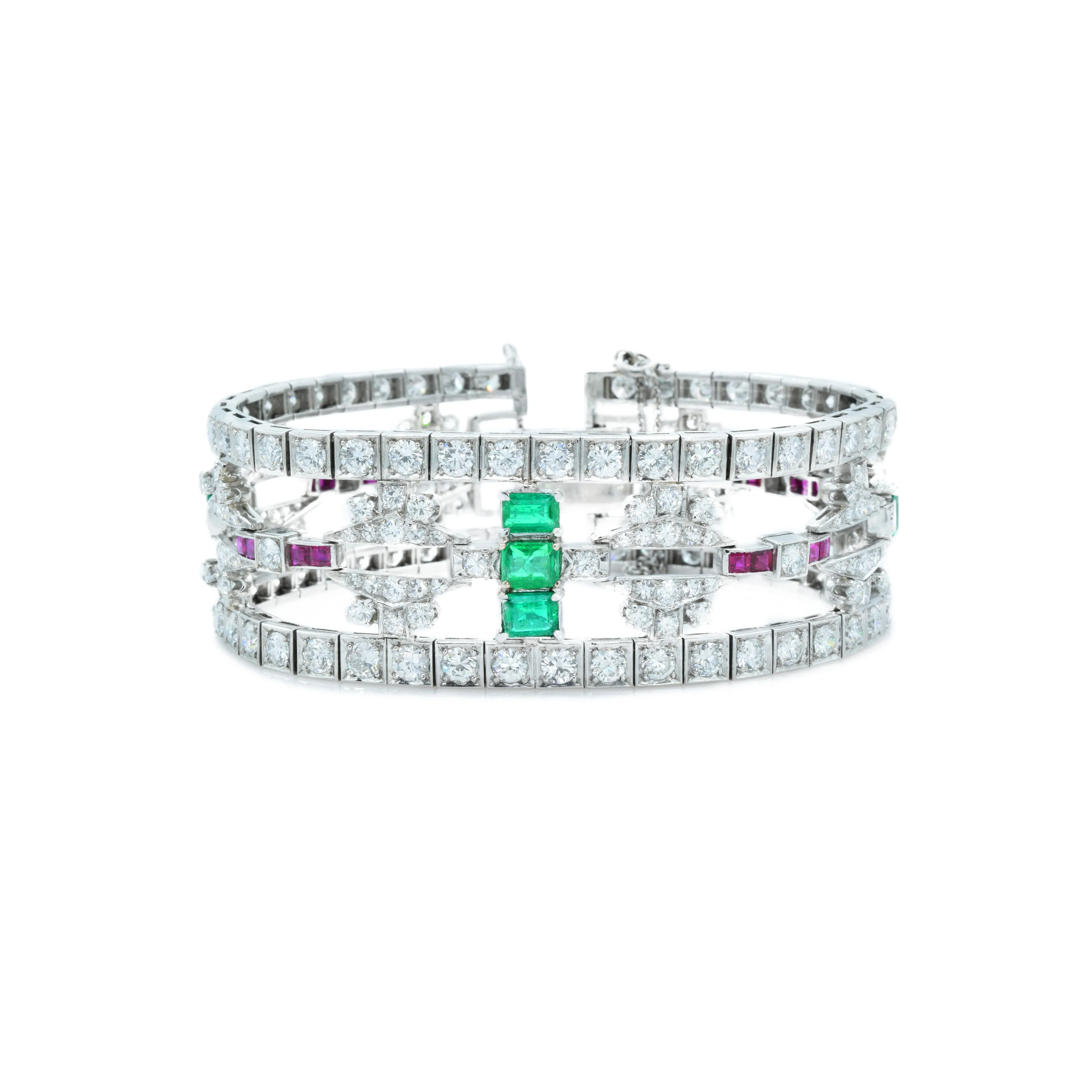 Estate 1930s Platinum Diamond, Ruby And Emerald Bracelet