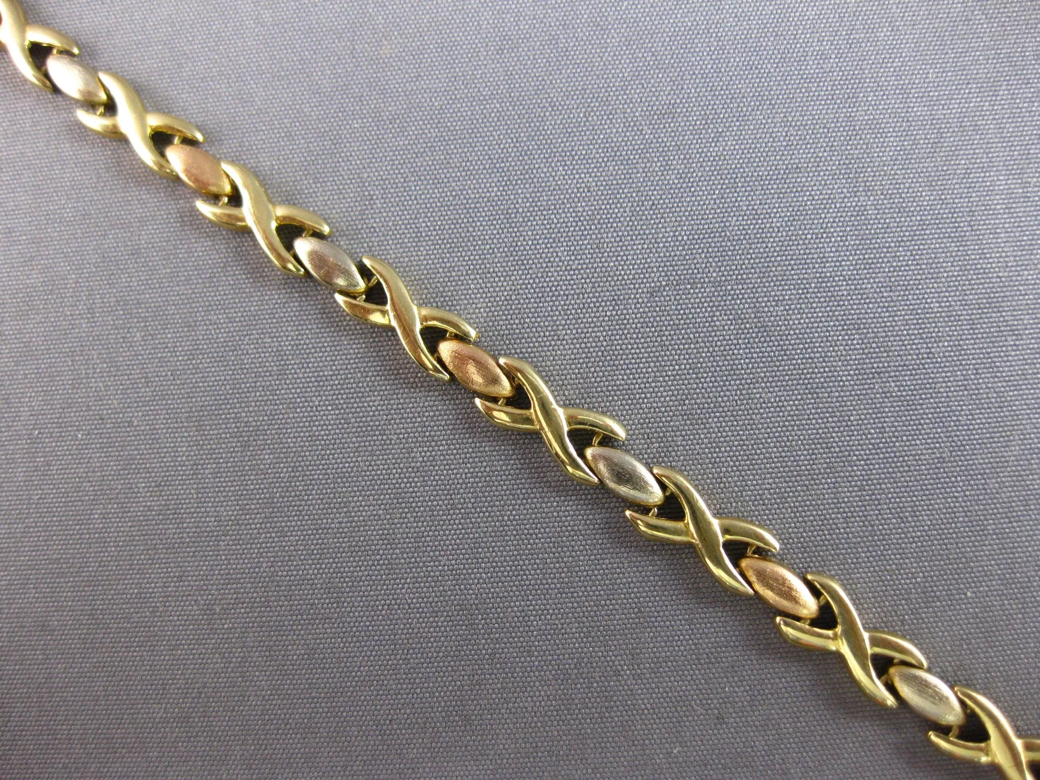 ESTATE EXTRA LONG 14K TRI COLOR GOLD MATTE & SHINY XO LOVE ANKLE BRACELET #27922