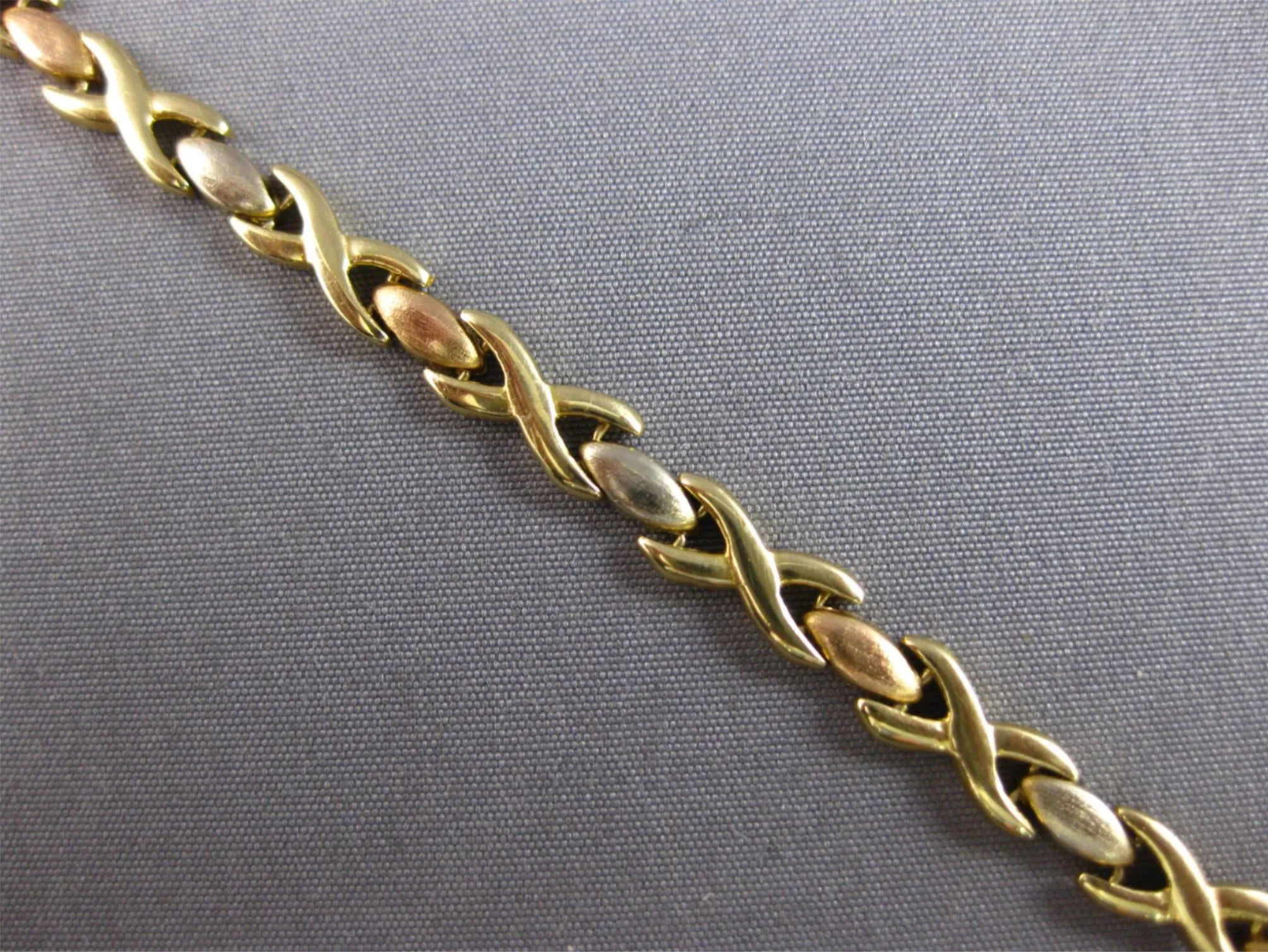 ESTATE EXTRA LONG 14K TRI COLOR GOLD MATTE & SHINY XO LOVE ANKLE BRACELET #27922