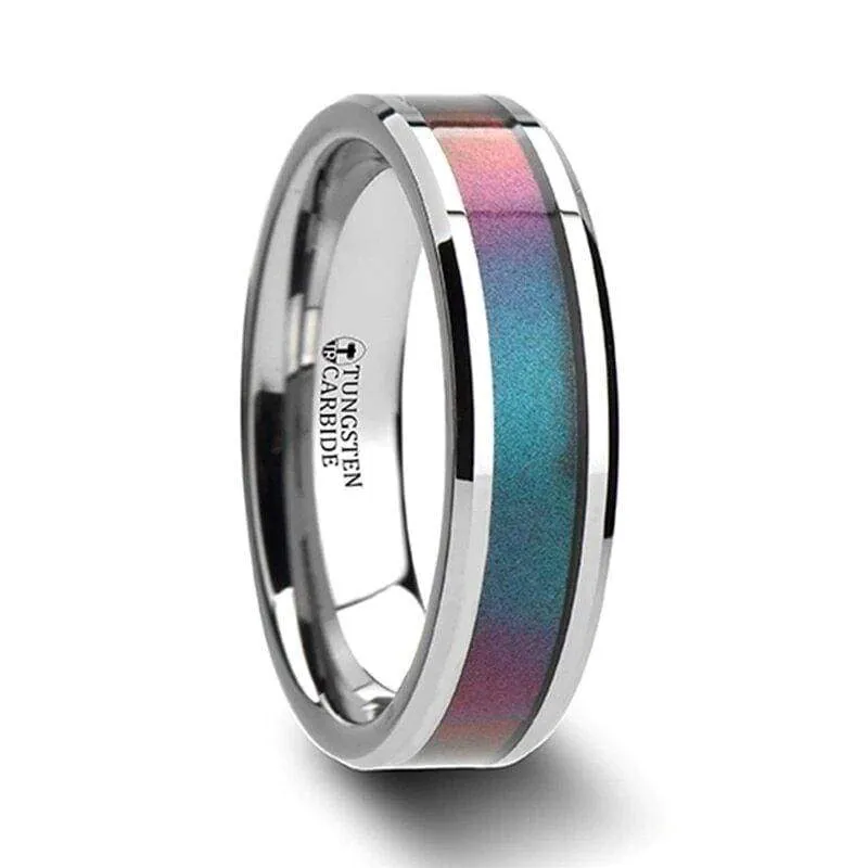 Fabienne Blue & Purple Tungsten Wedding Band Set w/ Color Changing Inlay 4mm-10mm