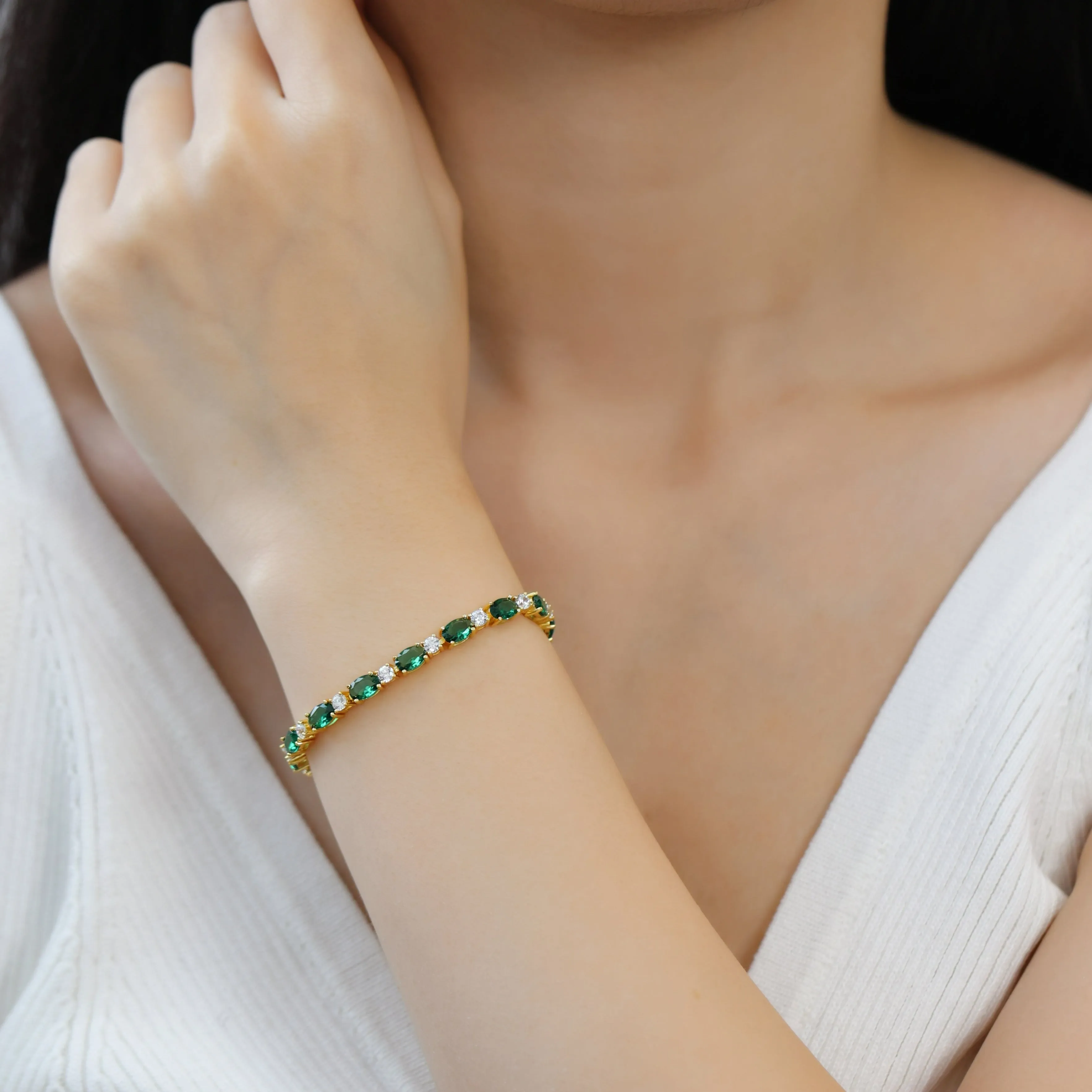 FANCIME "Glamour Radiance" May Birthstone Fancy Cut Tennis Emerald Sterling Silver Bracelet