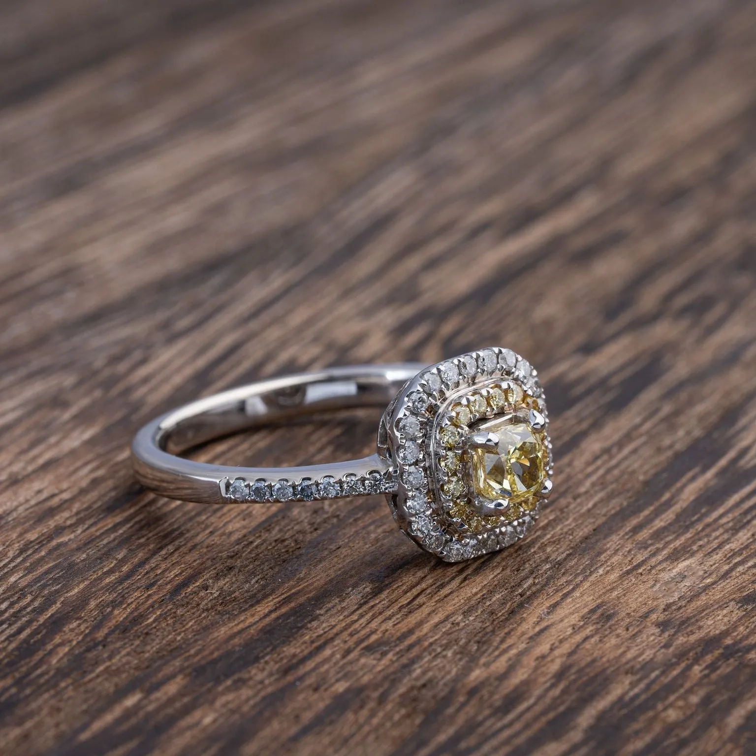 Fancy Intense Yellow Cushion Cut Diamond Double Halo Engagement Ring in 14k Two-tone Gold