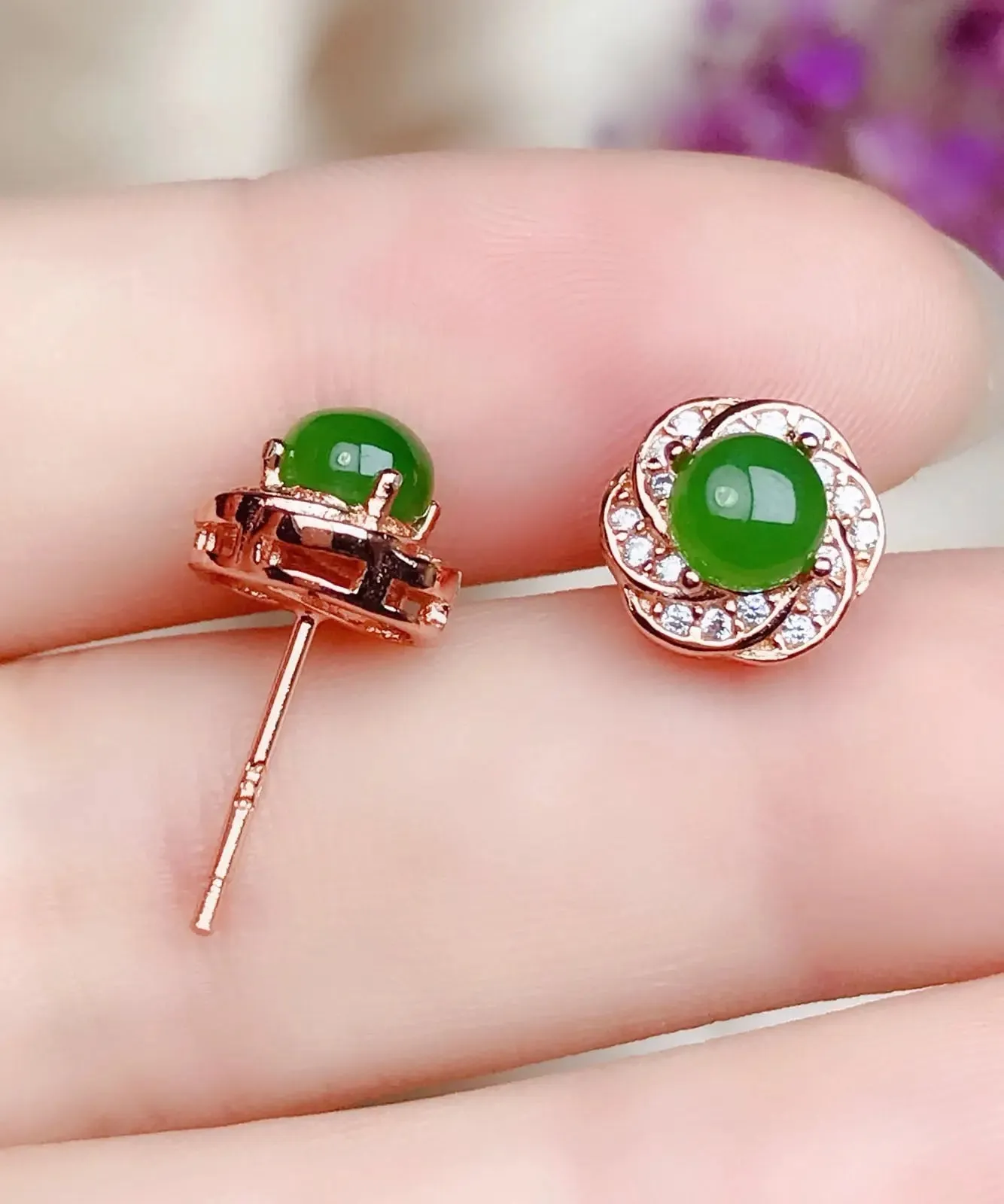 Fashion Green Silver Overgild Zircon Jade Stud Earrings LY8604