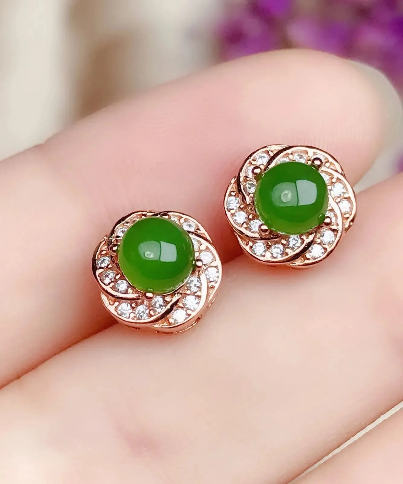 Fashion Green Silver Overgild Zircon Jade Stud Earrings LY8604