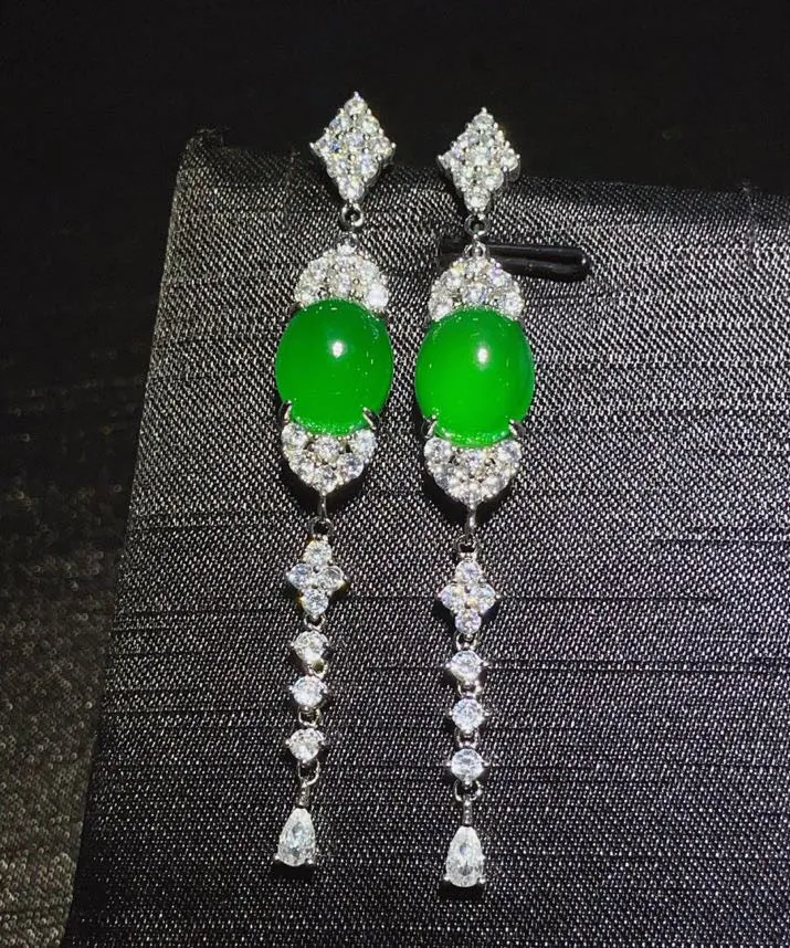 Fine Green Sterling Silver Zircon Jade Tassel Drop Earrings AC1058