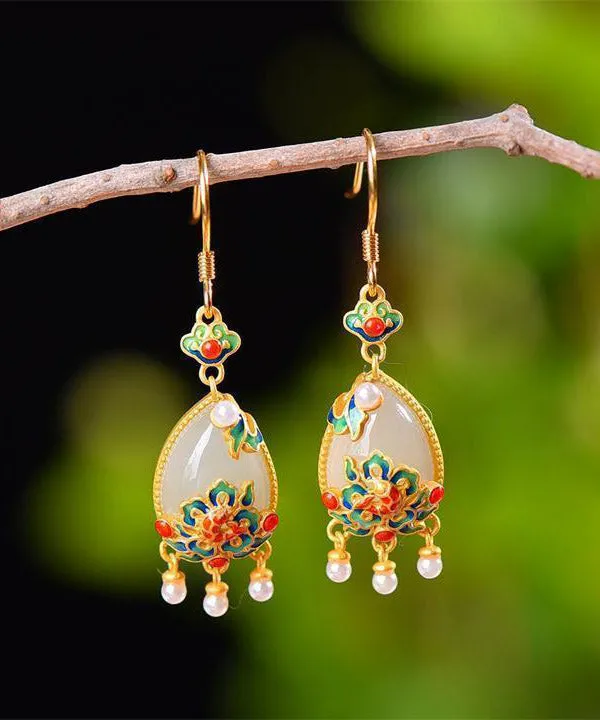 Fine White Sterling Silver Jade Cloisonne Enamel Tassel Drop Earrings LY2285