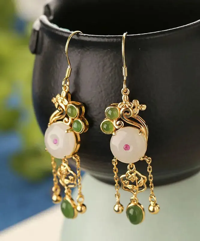 Fine White Sterling Silver Overgild Jade Tassel Drop Earrings LY8552