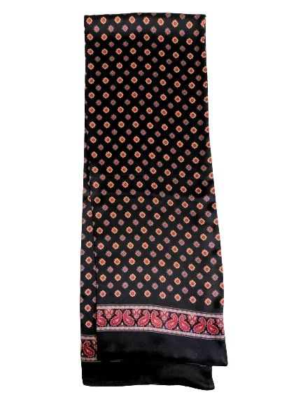 Flower Paisley Black Red 100% Silk Scarf 157 x 27 cm