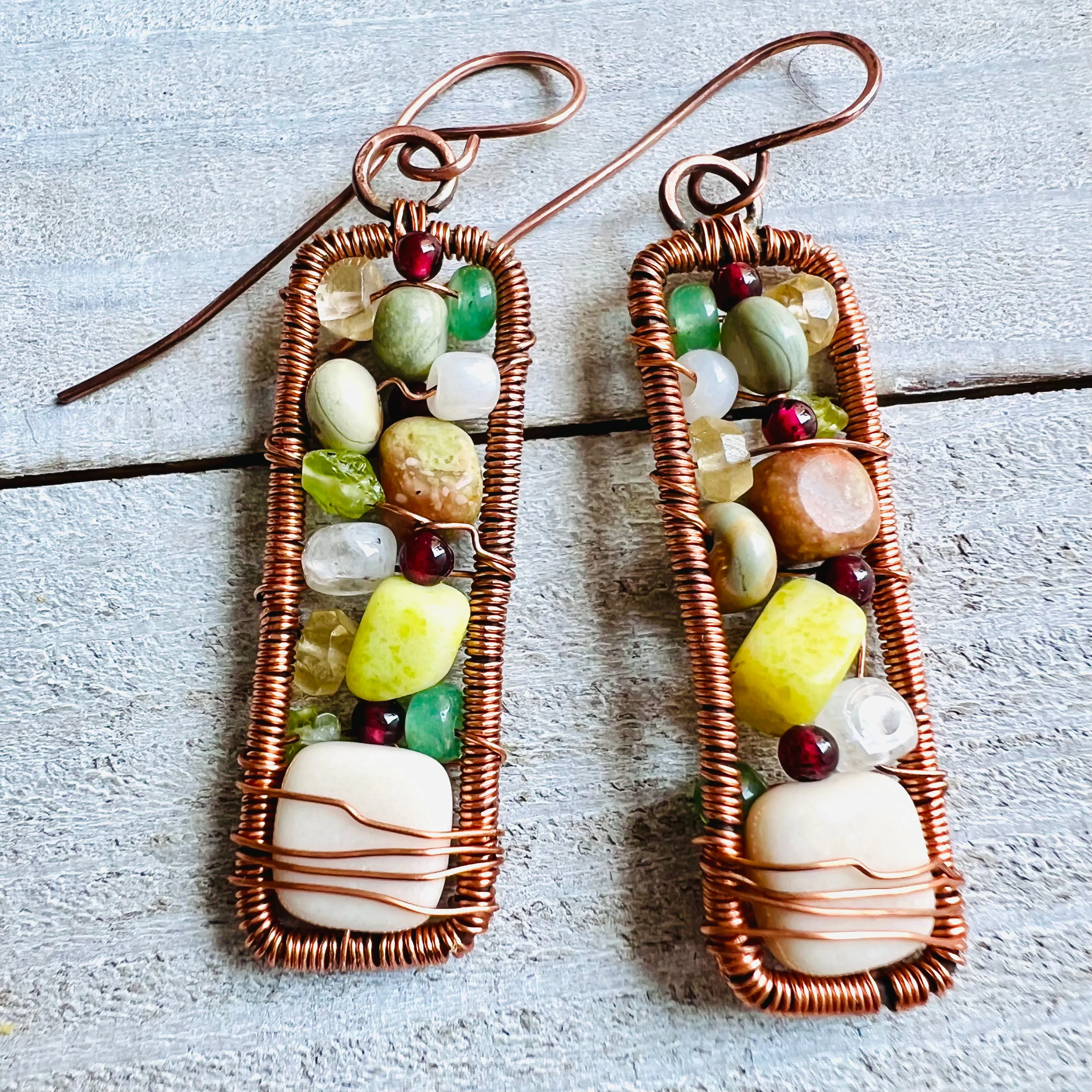 Framed Gemstone Earrings | Hand-hammered Copper with Garnet, Jade, Peridot, Autumn Jasper, Rainbow Moonstone & Citrine