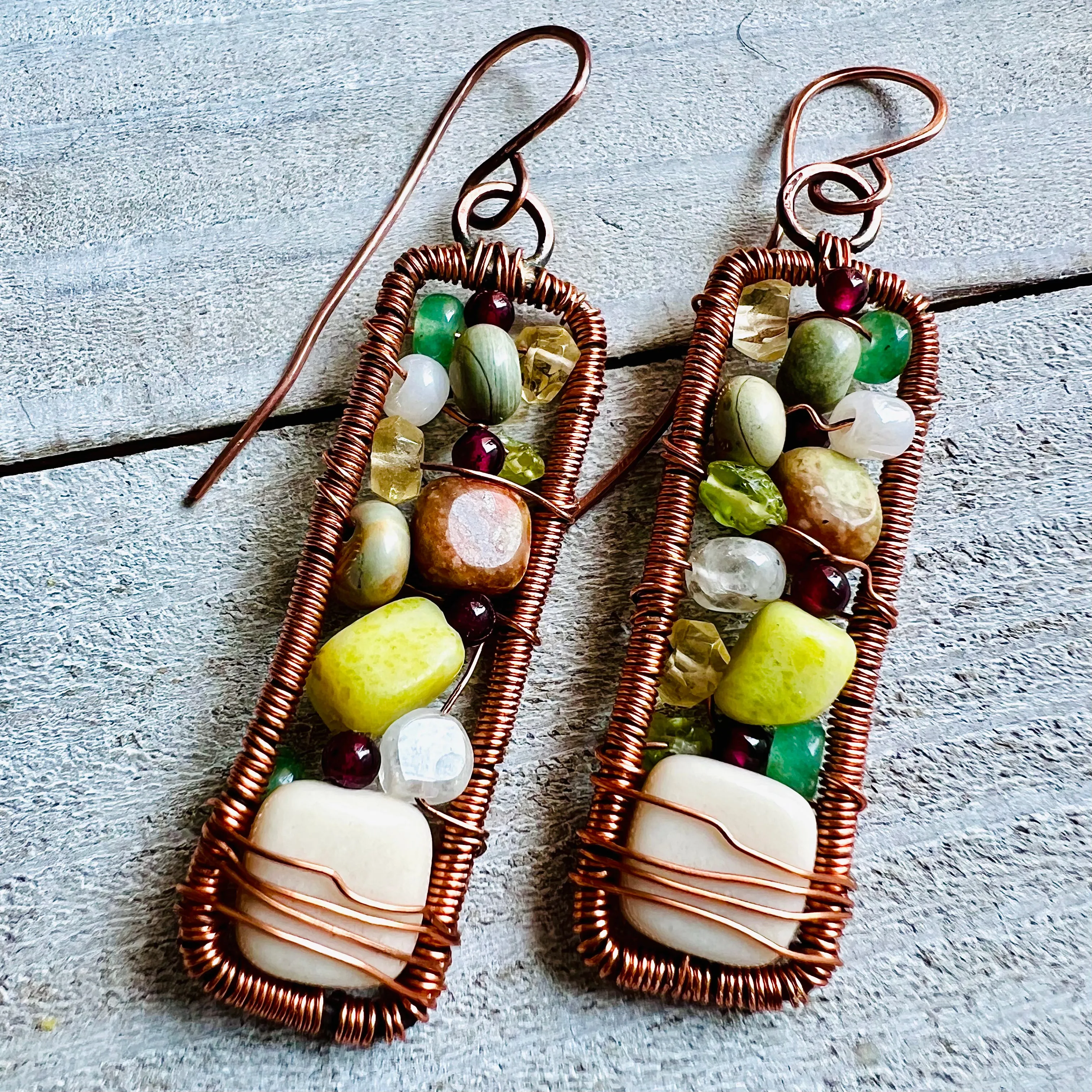 Framed Gemstone Earrings | Hand-hammered Copper with Garnet, Jade, Peridot, Autumn Jasper, Rainbow Moonstone & Citrine