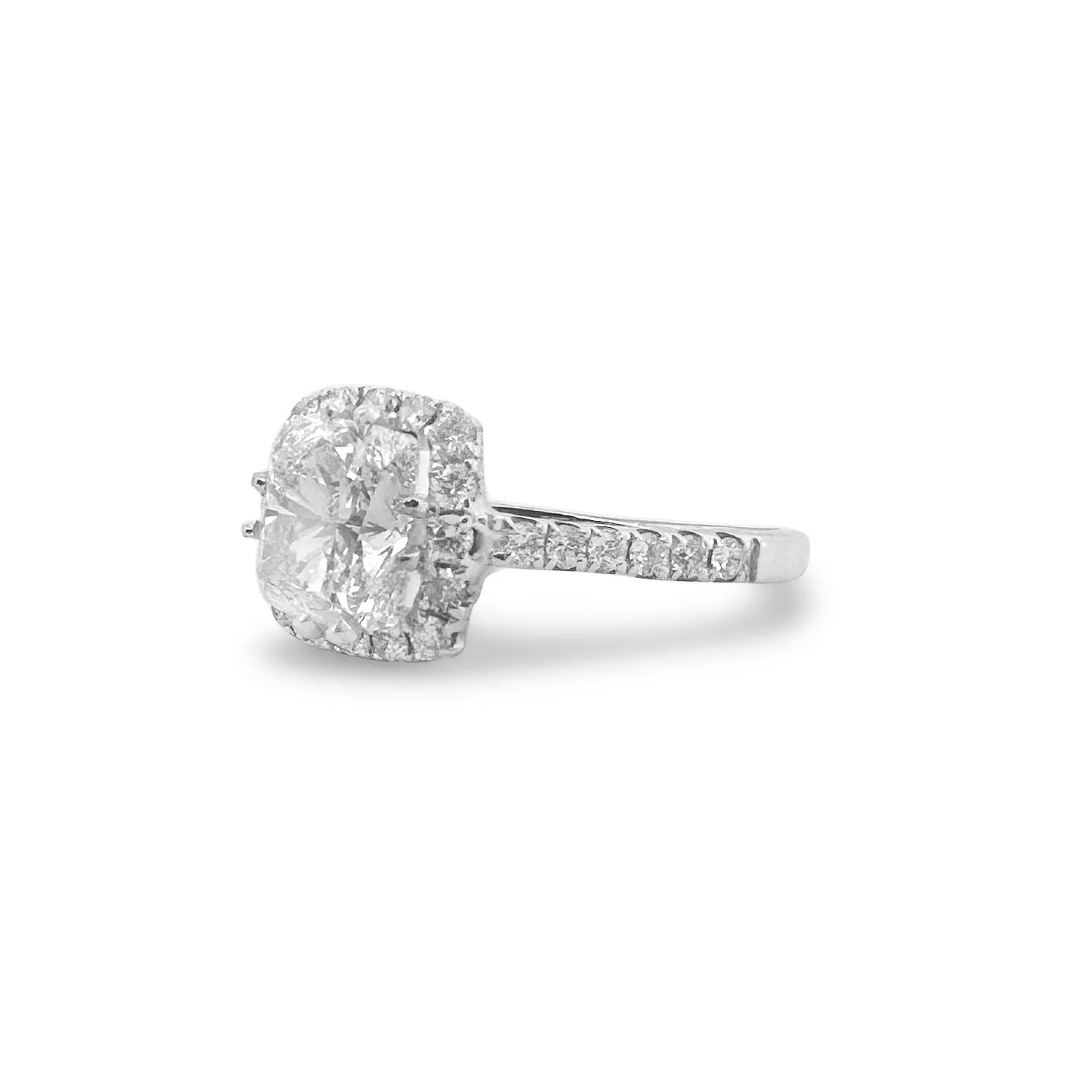 GIA Graded Cushion Cut & Round Brilliant Halo Natural Diamond Engagement Ring in 14k White Gold