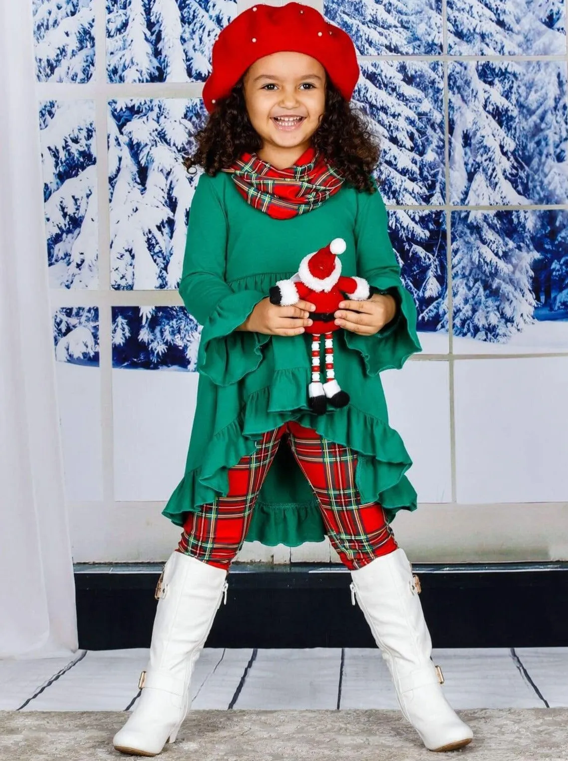 Girls Hi-lo Ruffled Long Sleeve Tunic, Plaid Printed Leggings And Scarf Set