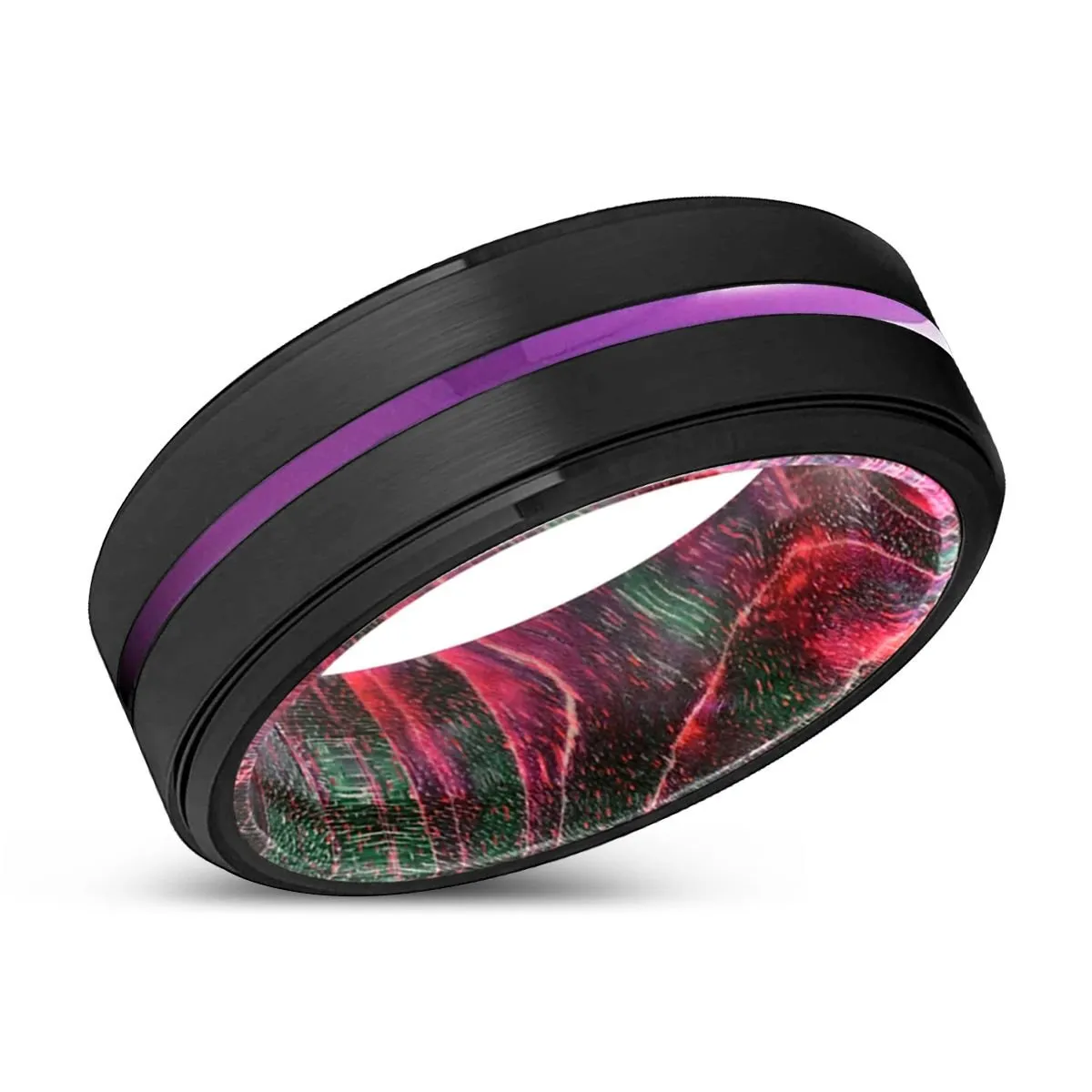 GLADSTON | Green & Red Wood, Black Tungsten Ring, Purple Groove, Stepped Edge