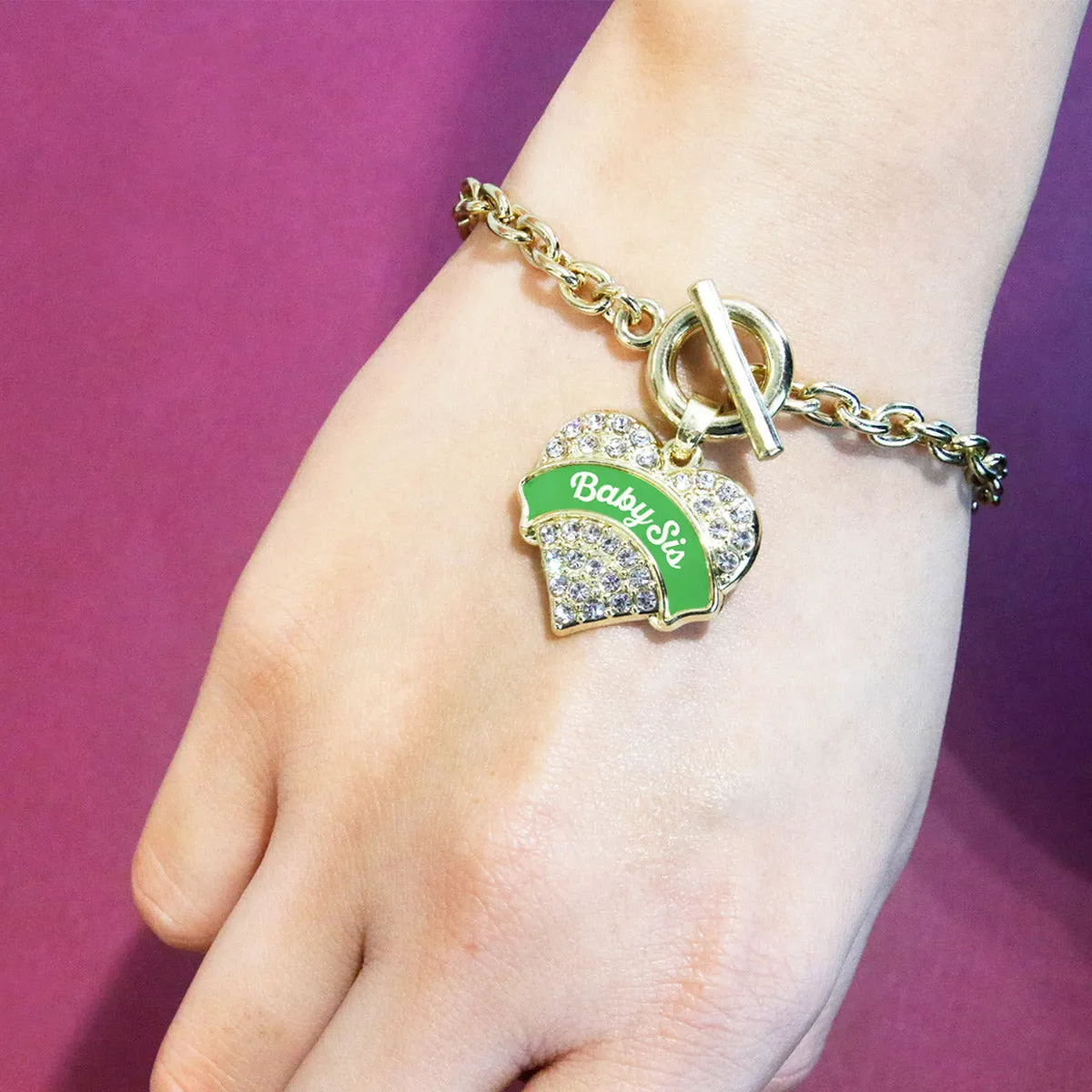 Gold Emerald Green Baby Sister Pave Heart Charm Toggle Bracelet