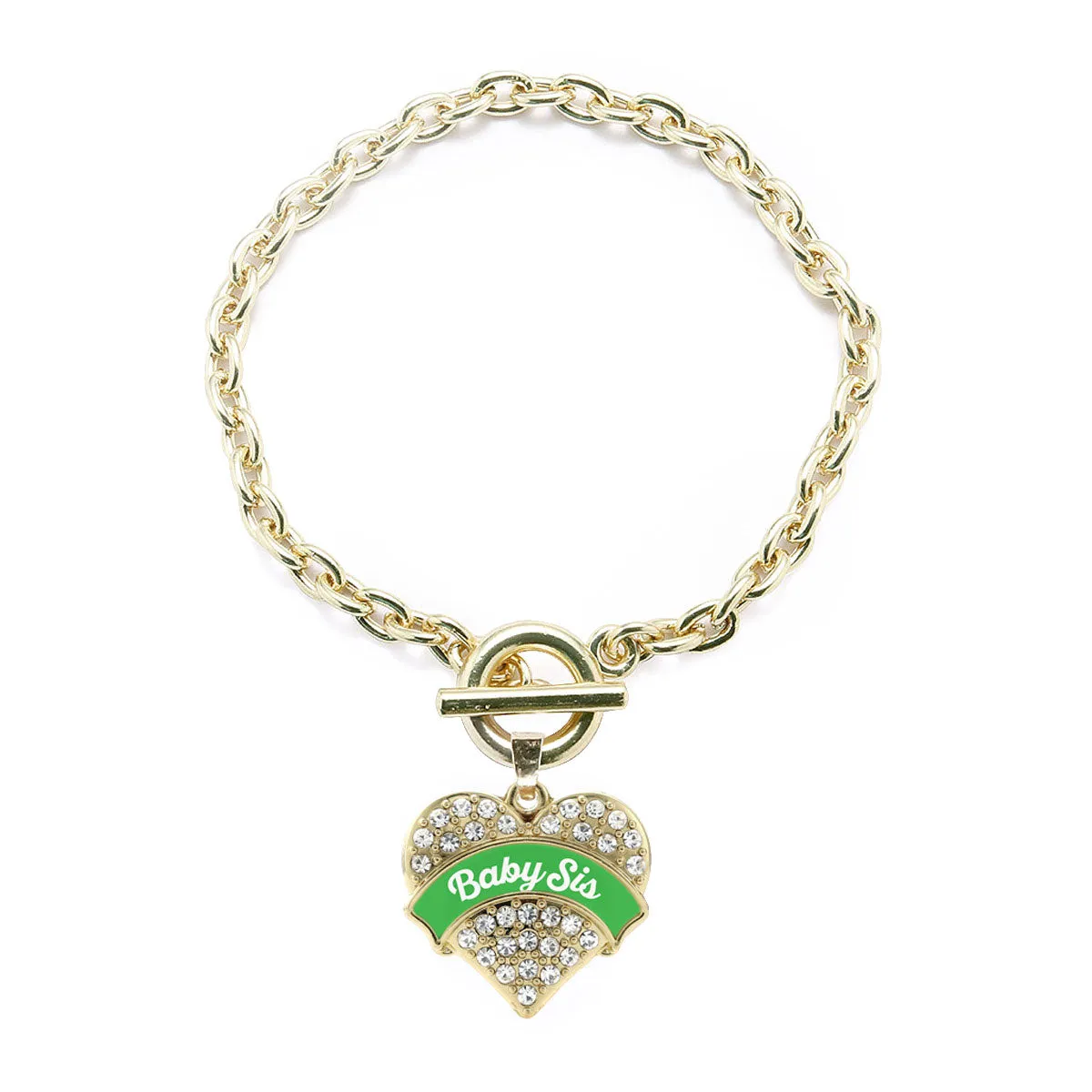 Gold Emerald Green Baby Sister Pave Heart Charm Toggle Bracelet