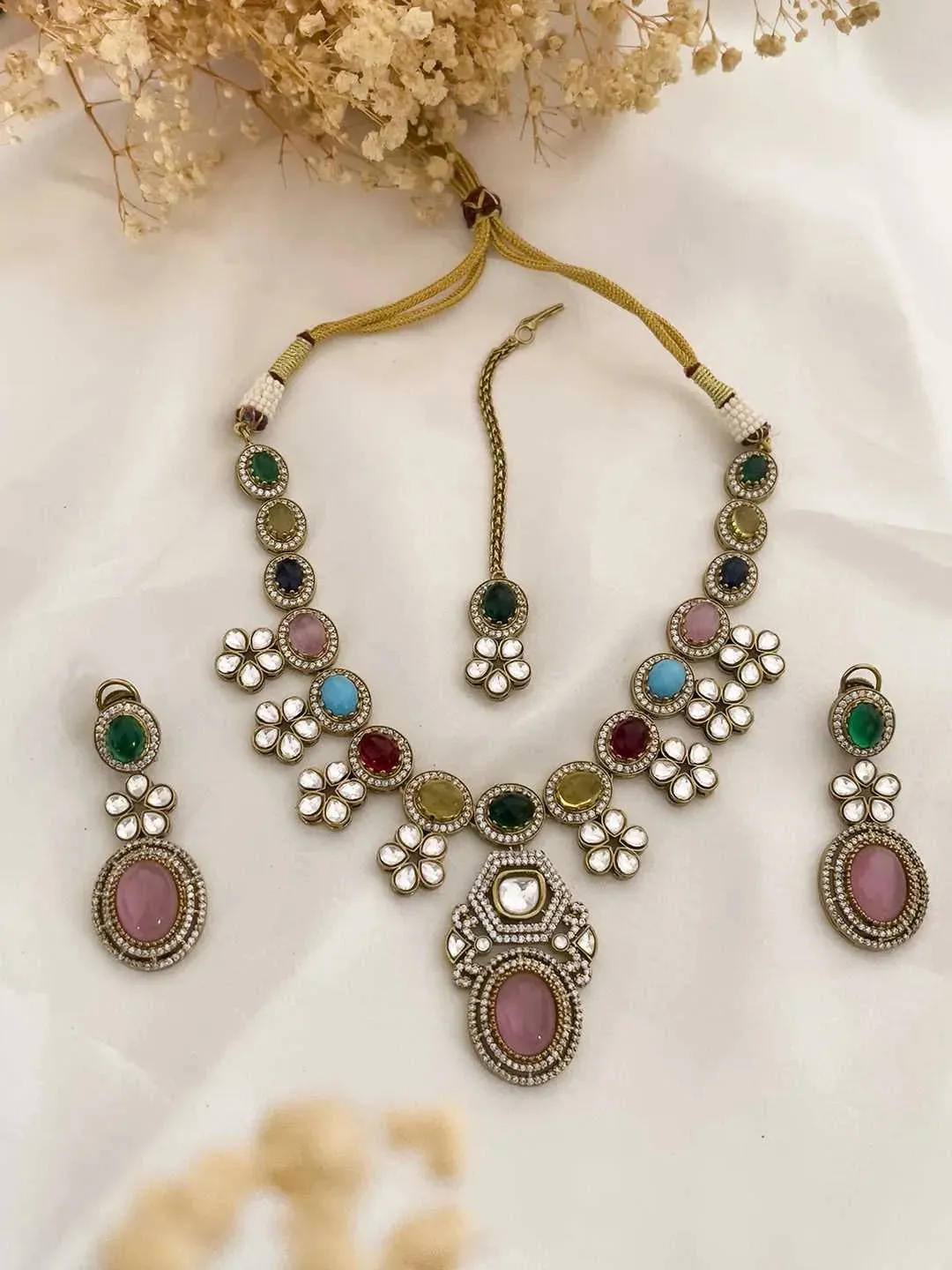 Gold Finish Multicolored Kundan Polki Necklace Set