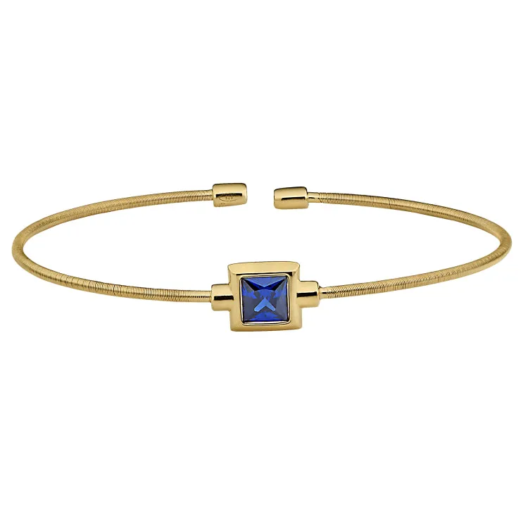 Gold Finish Sterling Silver Cable Cuff Bracelet with Princess Cut Simulated Blue Topaz Birth Gem