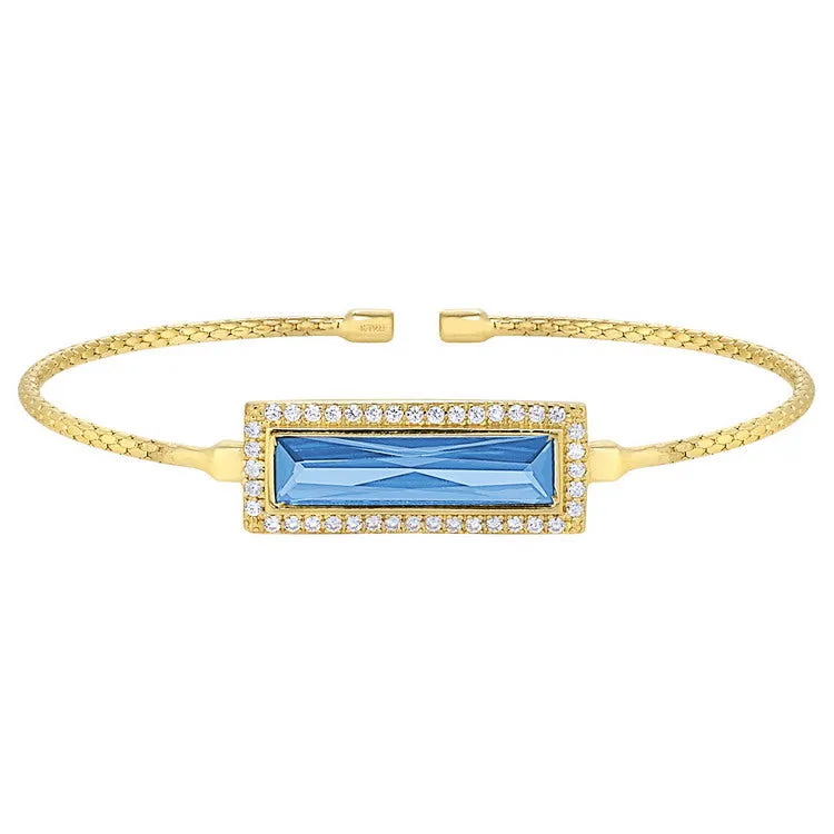 Gold Finish Sterling Silver Cable Cuff Bracelet with Rectangular Simulated Blue Topaz Stone and Simulated Diamonds