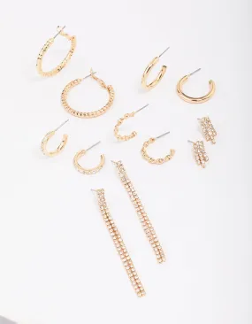 Gold Mixed Diamante Stud Earring 6-Pack