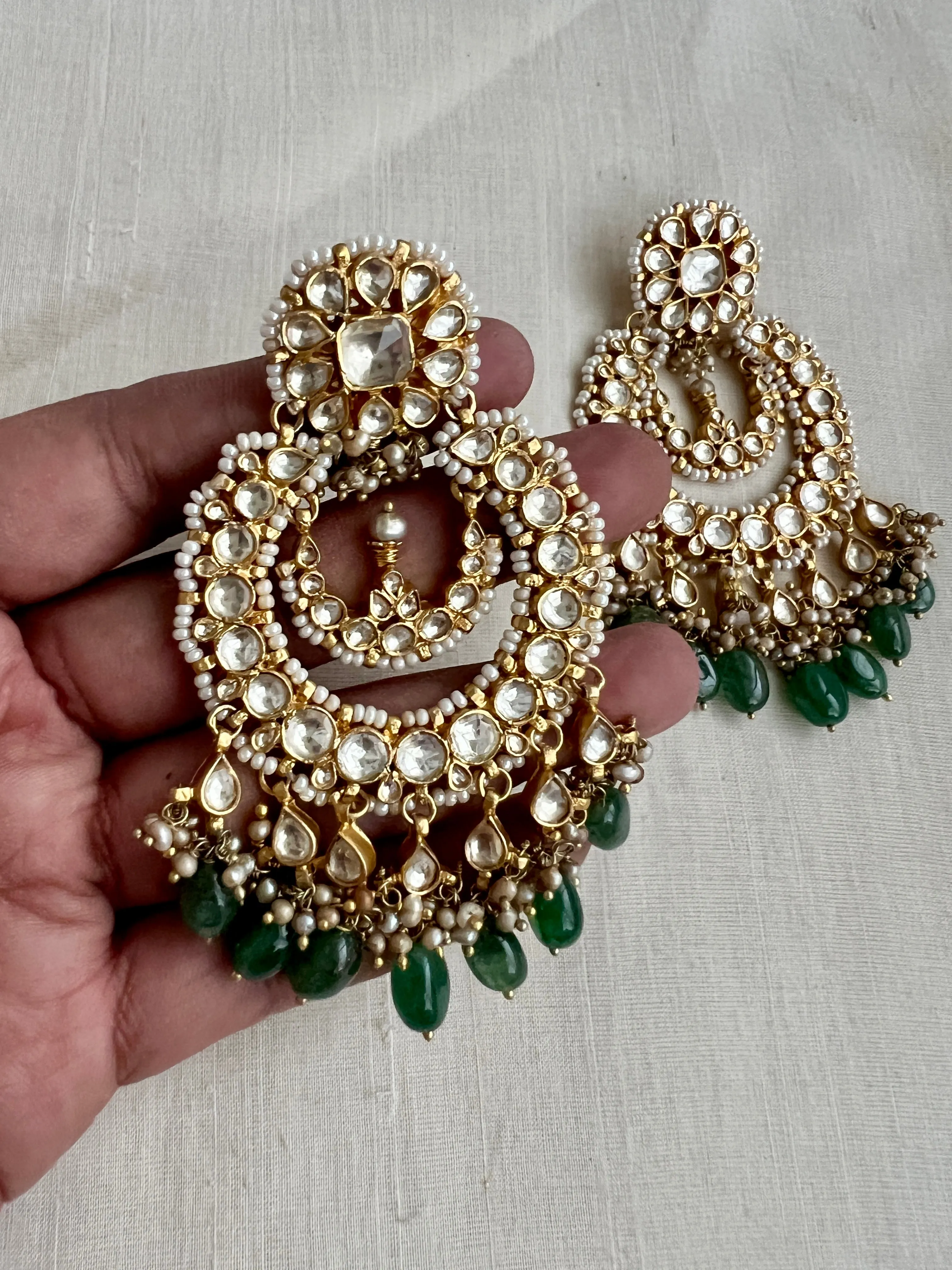 Gold polish big kundan chandali earrings with pearls & jade beads