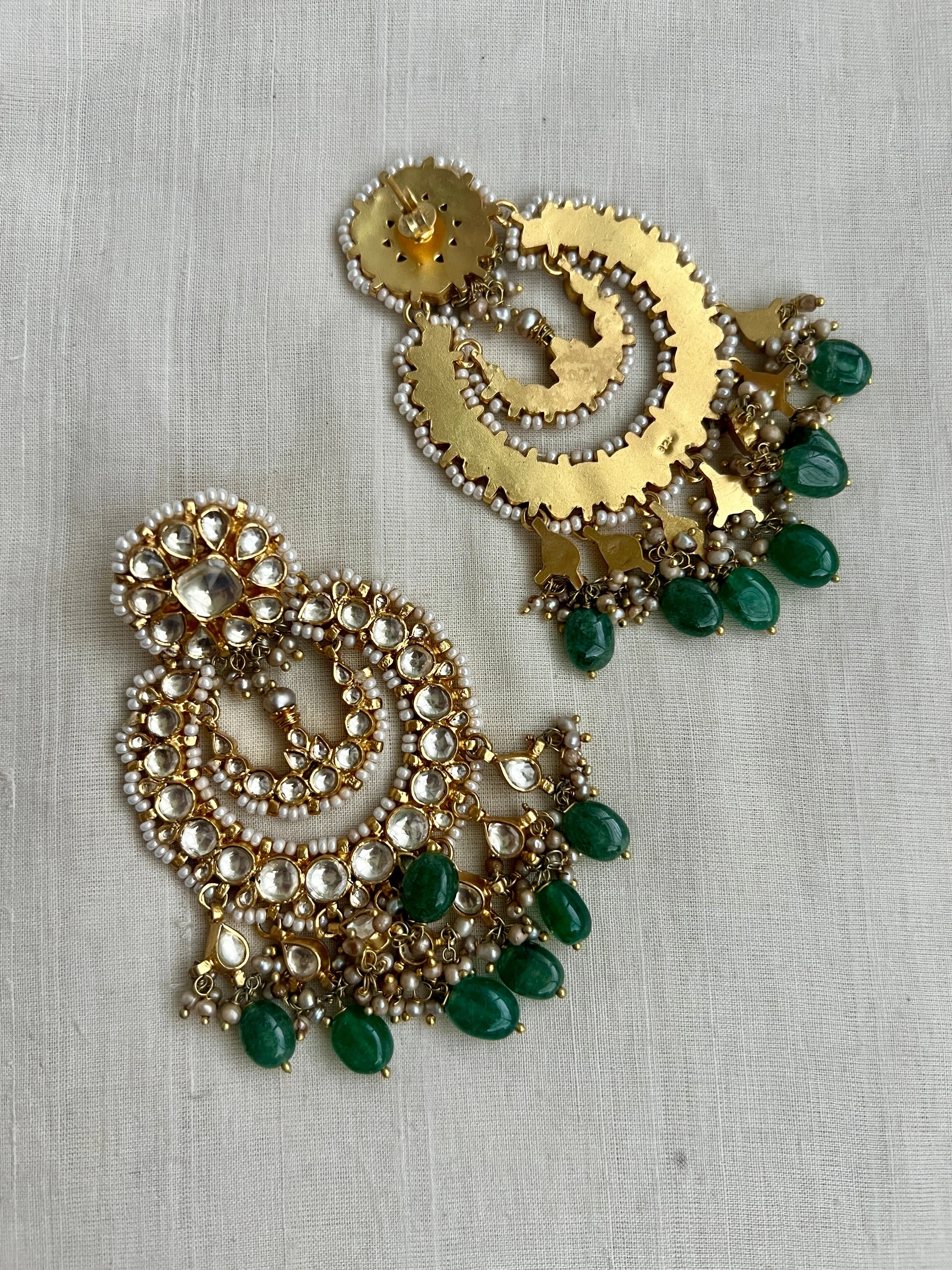 Gold polish big kundan chandali earrings with pearls & jade beads