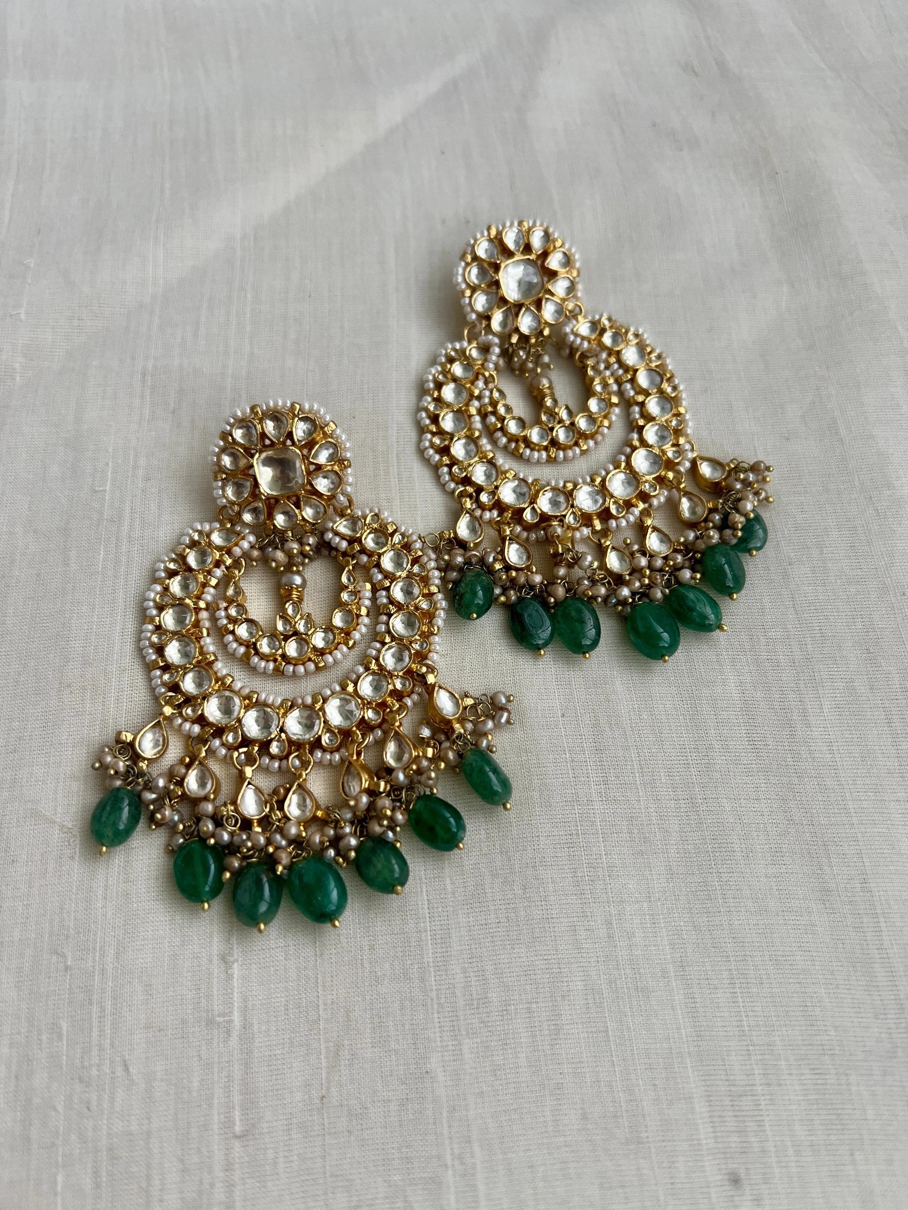 Gold polish big kundan chandali earrings with pearls & jade beads