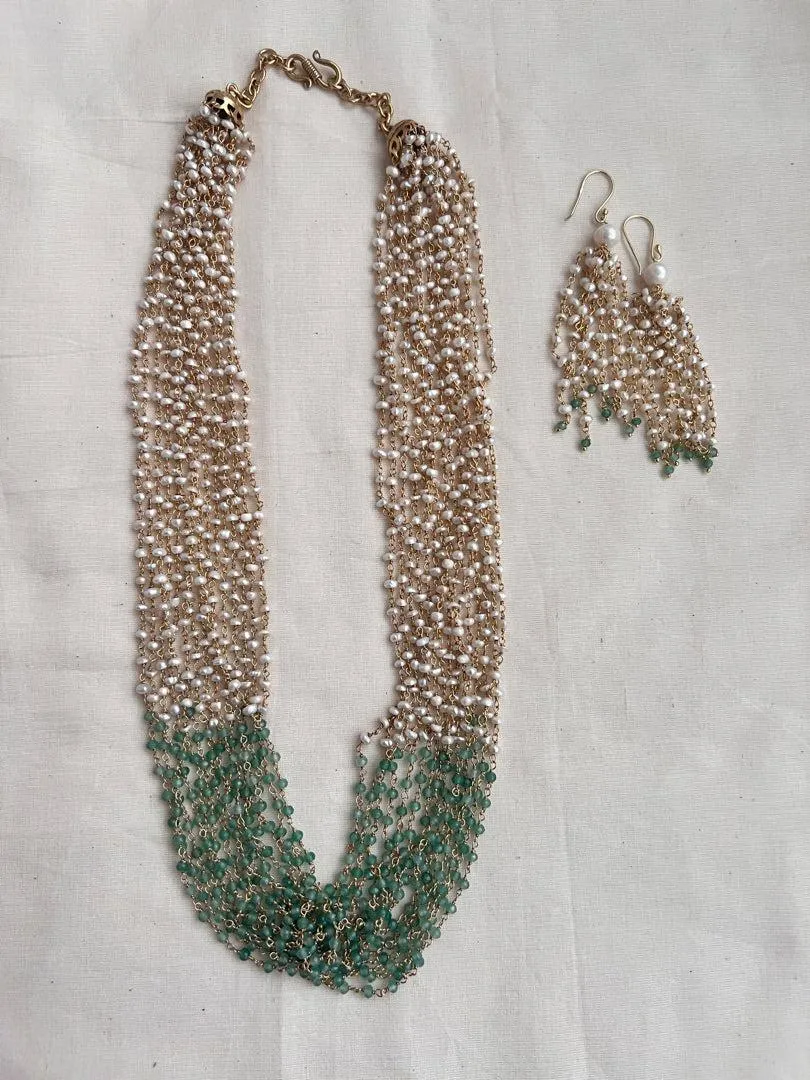 Gold polish pearl & jade beads bunch necklace, SET