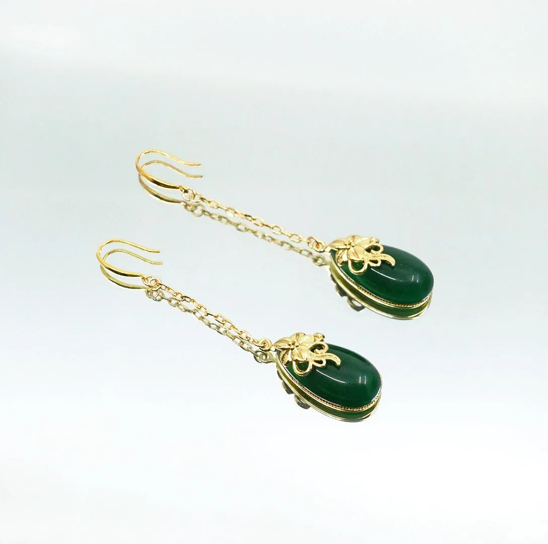 Green Jade Earrings with Long Dangle Chain