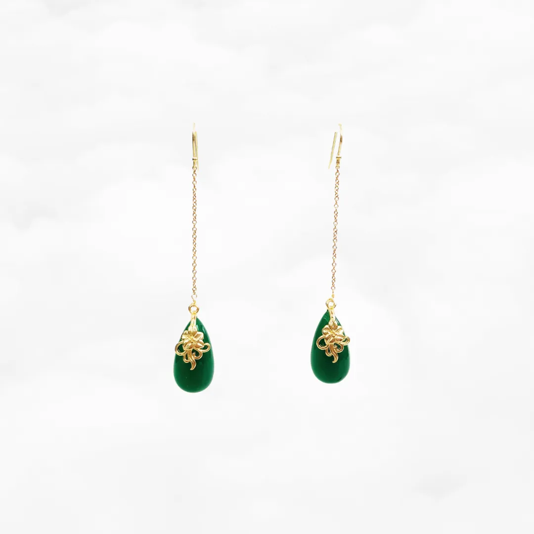 Green Jade Earrings with Long Dangle Chain