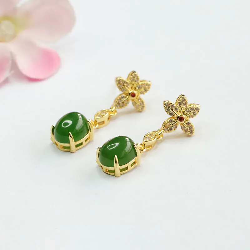 Green Jasper Flower Sterling Silver Earrings with Jade Accents