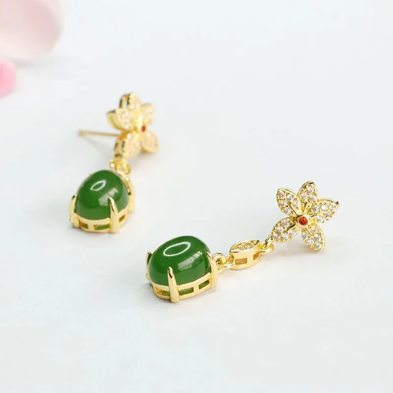 Green Jasper Flower Sterling Silver Earrings with Jade Accents