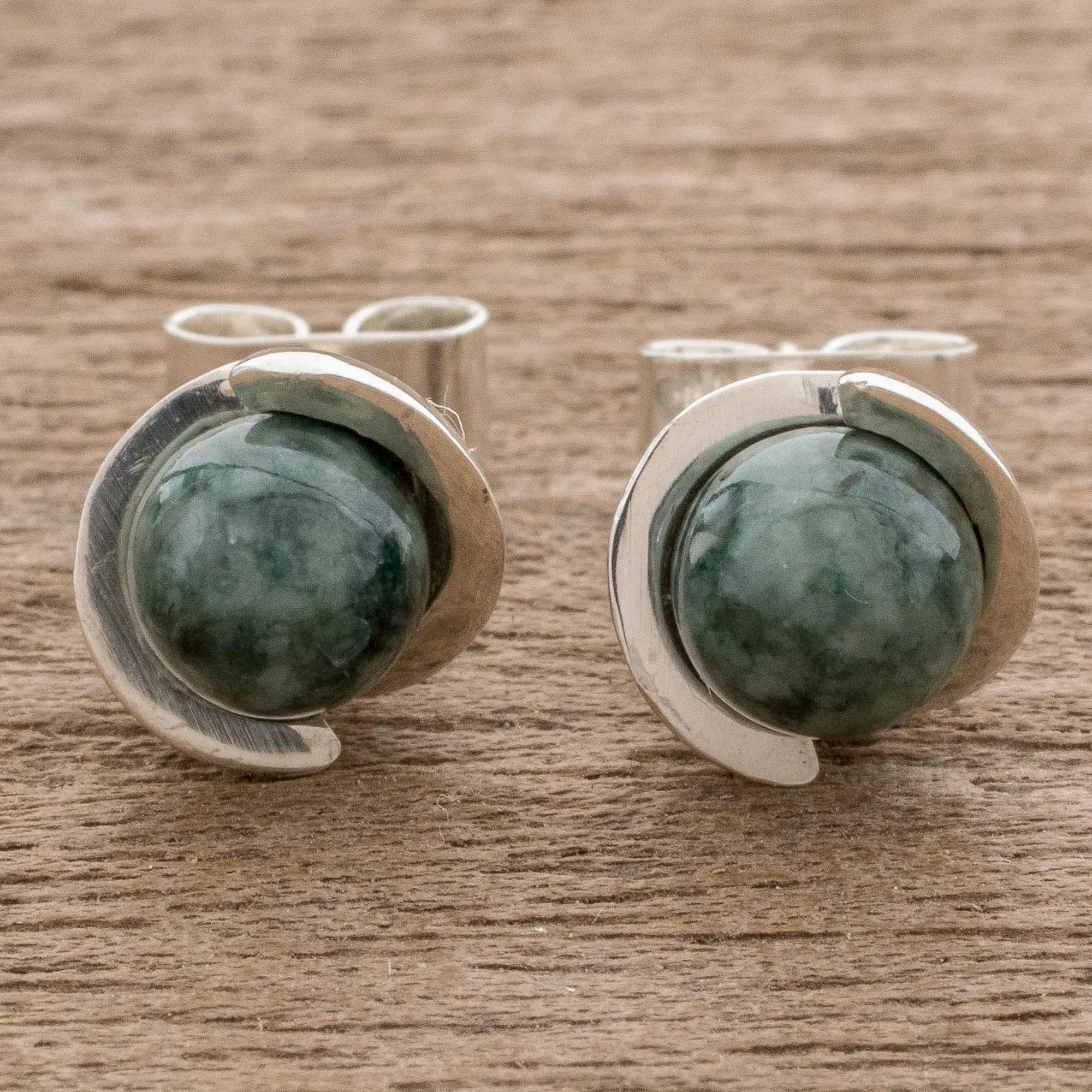 Green Magic Silhouette Modern Jade Stud Earrings in Dark Green from Guatemala