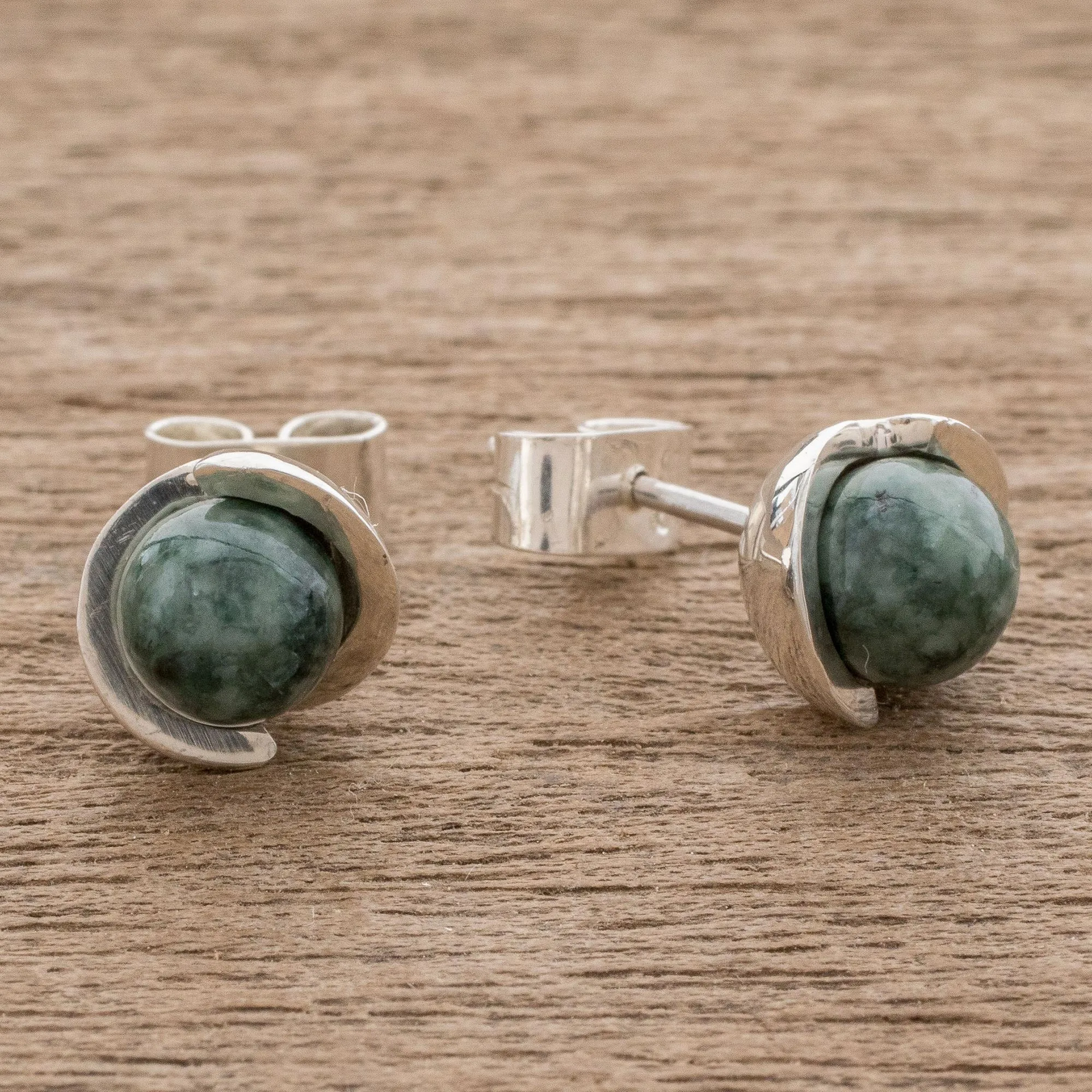 Green Magic Silhouette Modern Jade Stud Earrings in Dark Green from Guatemala