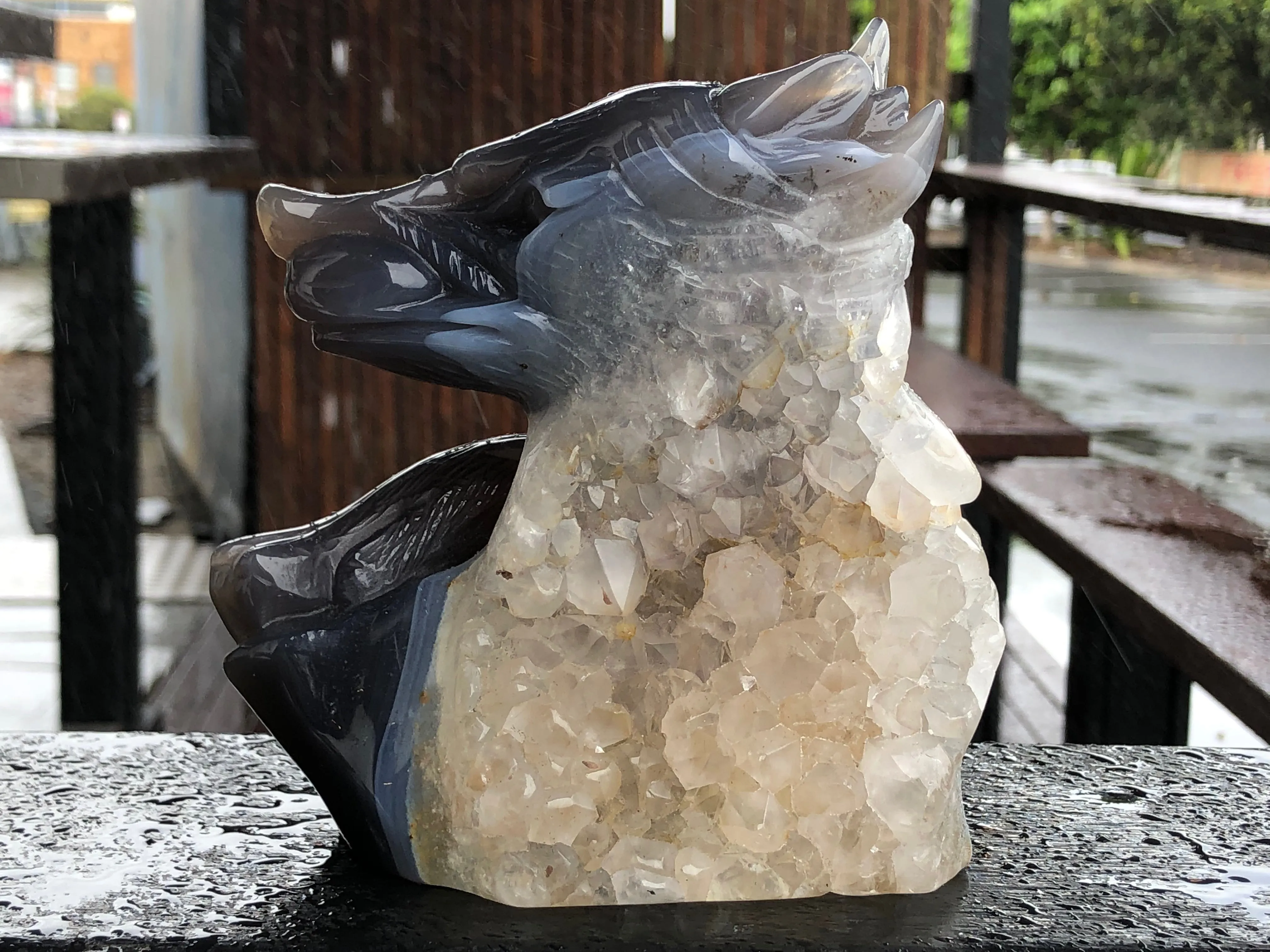 Grey and Blue Banded Agate and Quartz Geode Wolf Sculpture [1k1090]