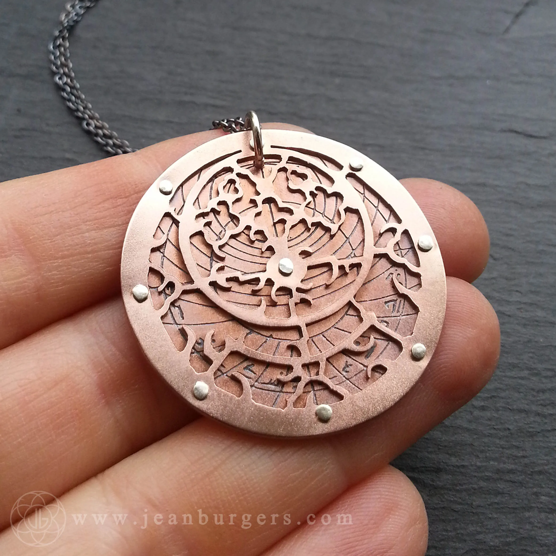 Handcut Planespheric Astrolabe Pendant - etched copper