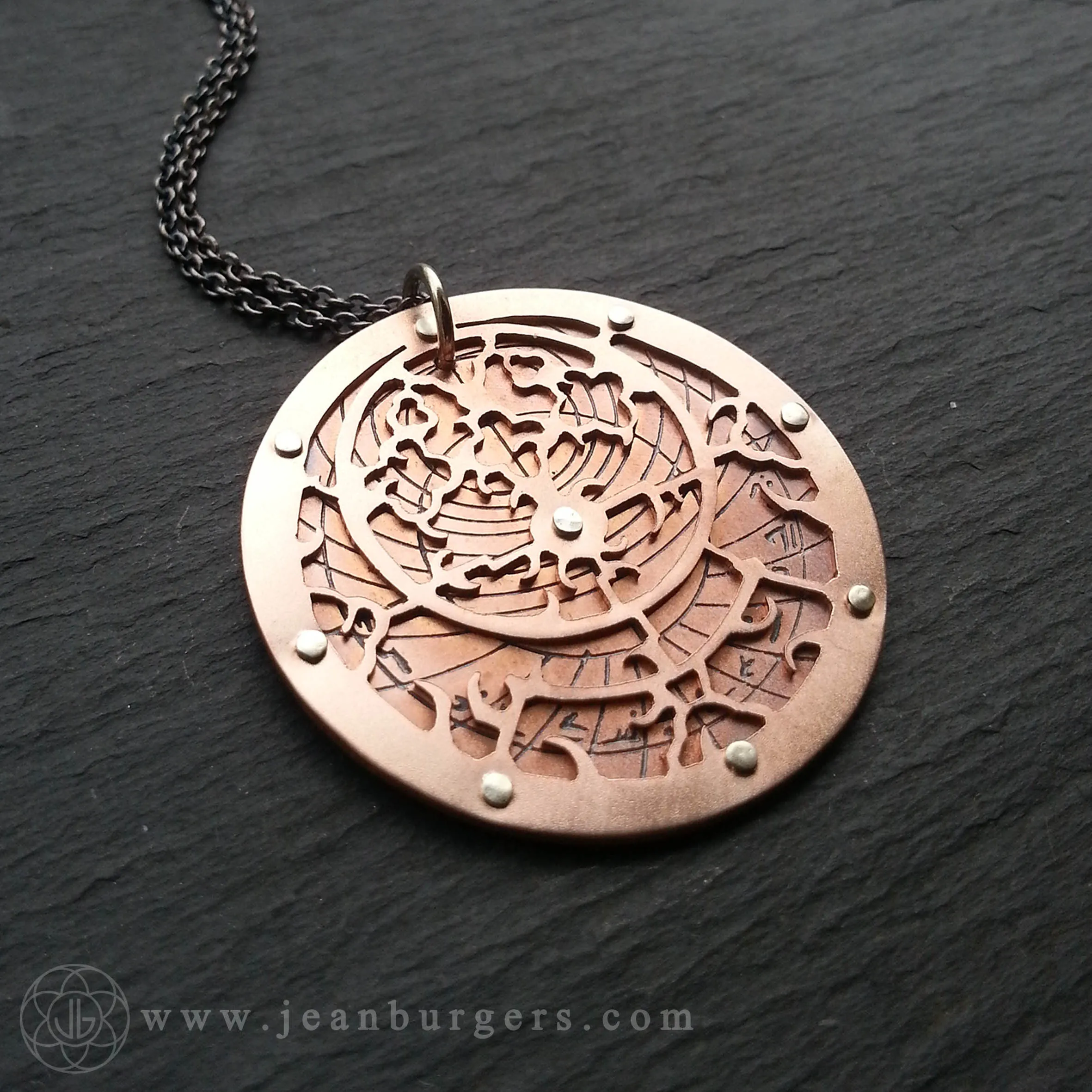 Handcut Planespheric Astrolabe Pendant - etched copper