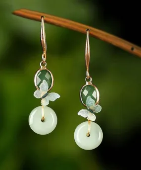 Handmade Green Jade Butterfly Patchwork Silver Drop Earrings LY9161