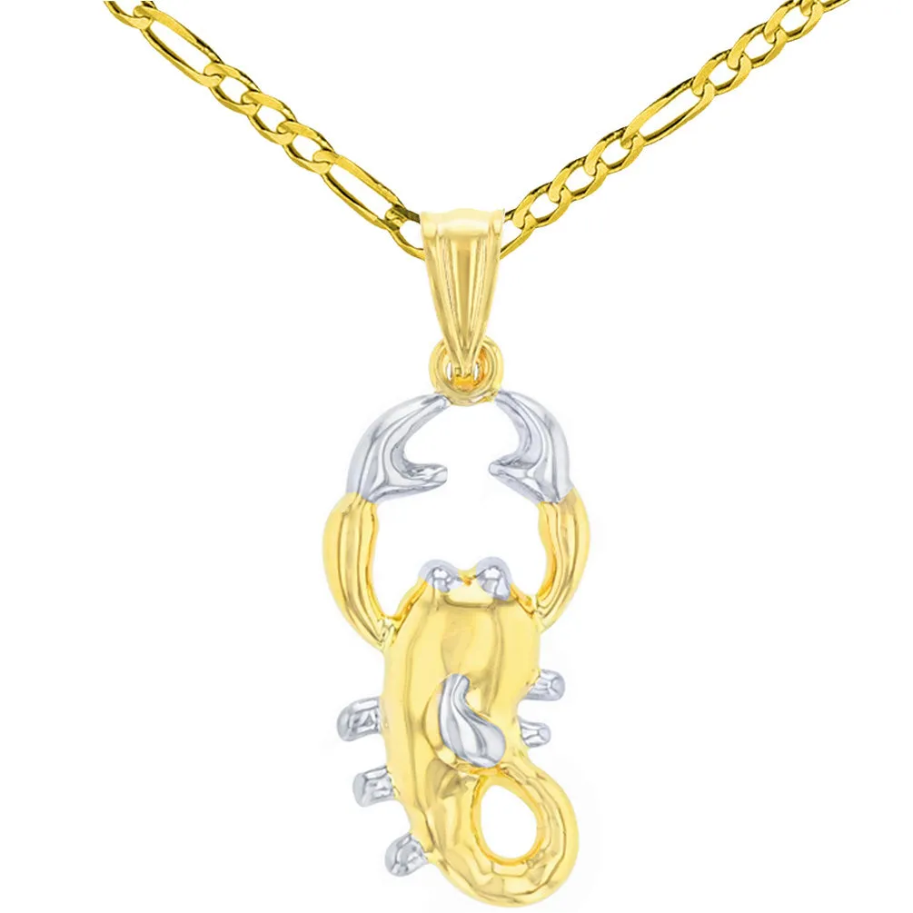 High Polish 14K Yellow Gold Scorpion Pendant Scorpio Zodiac Sign Charm Figaro Chain Necklace