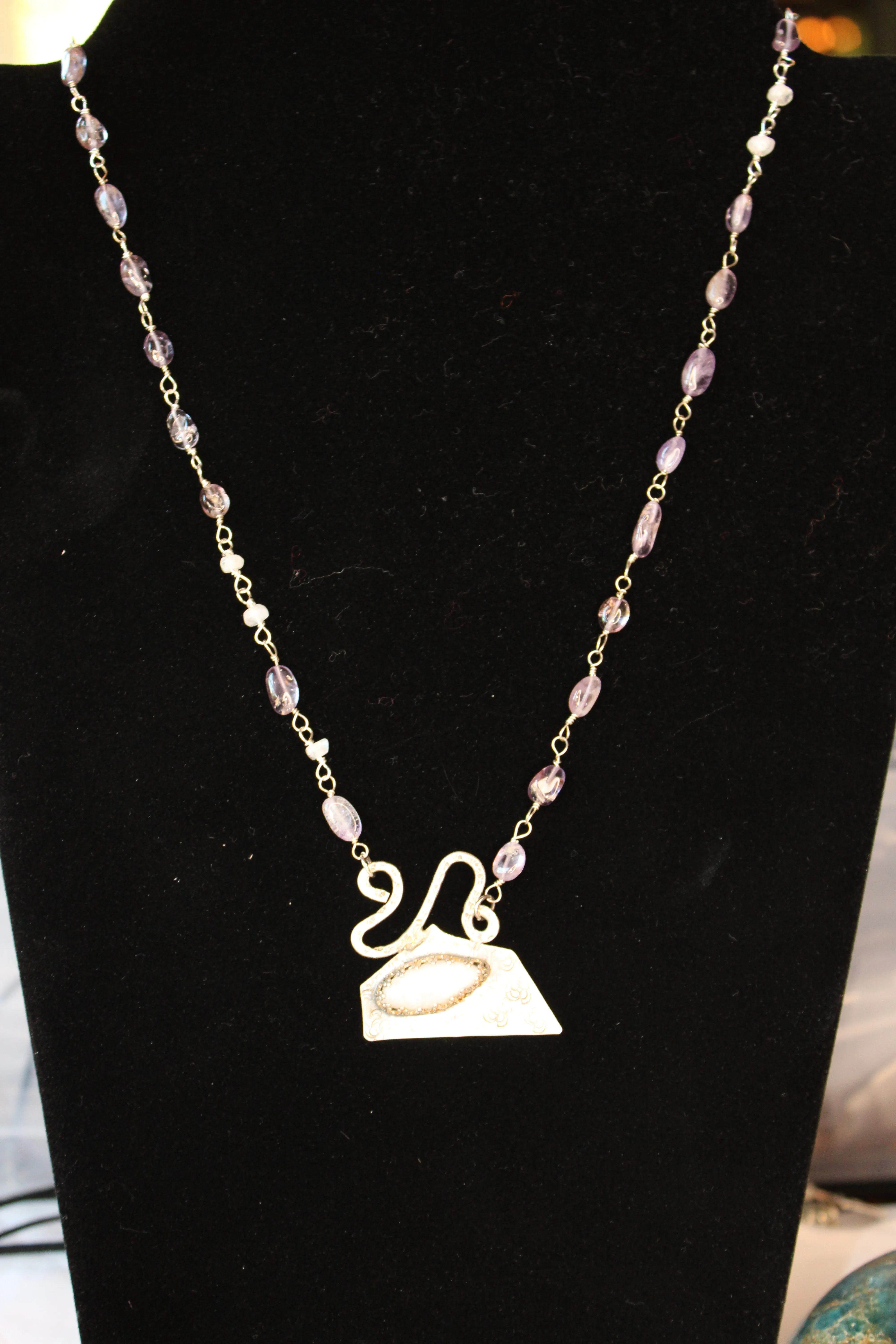 Huge Rainbow Moonstone and Amethyst Necklace with Bead chain and Geometric design