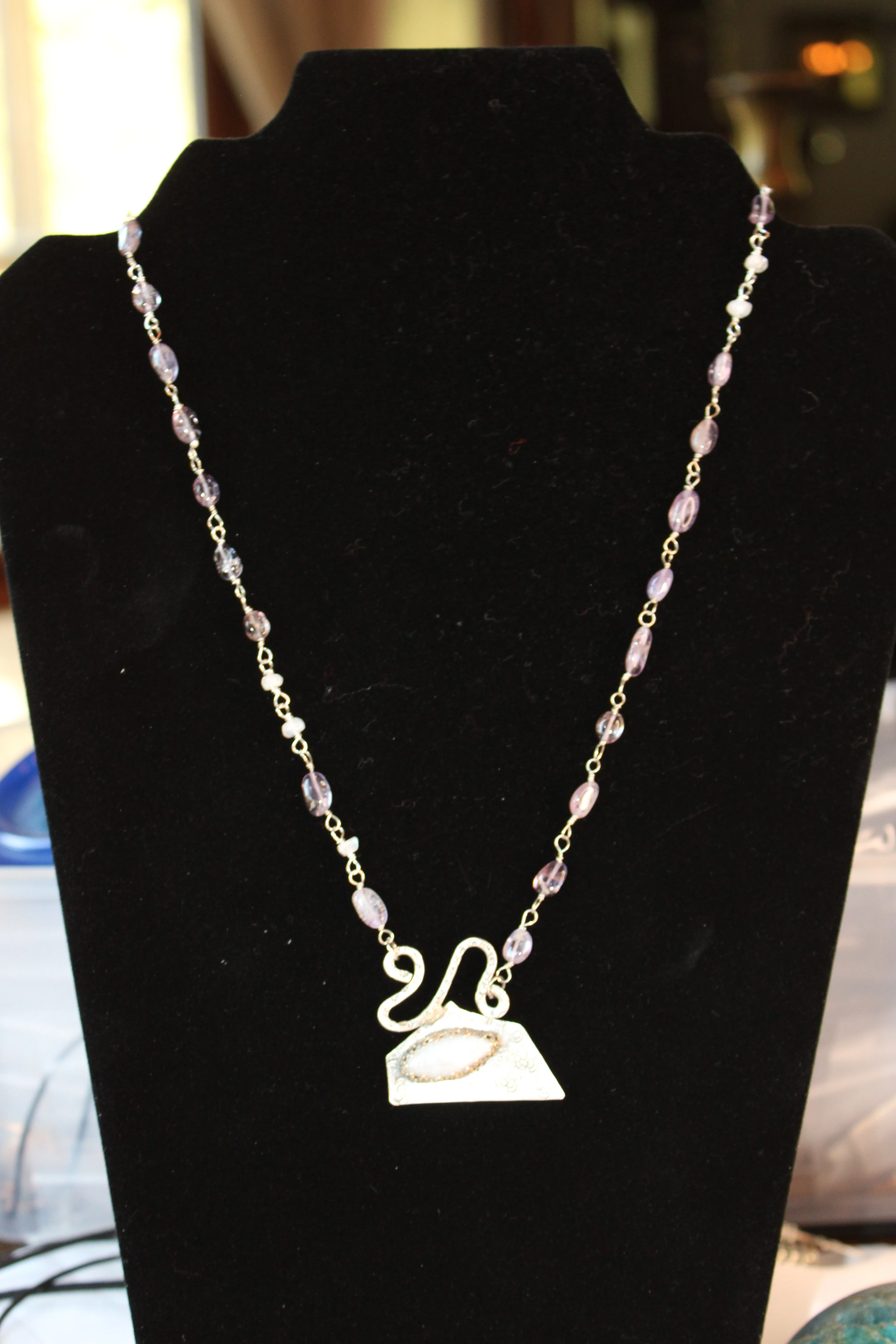 Huge Rainbow Moonstone and Amethyst Necklace with Bead chain and Geometric design