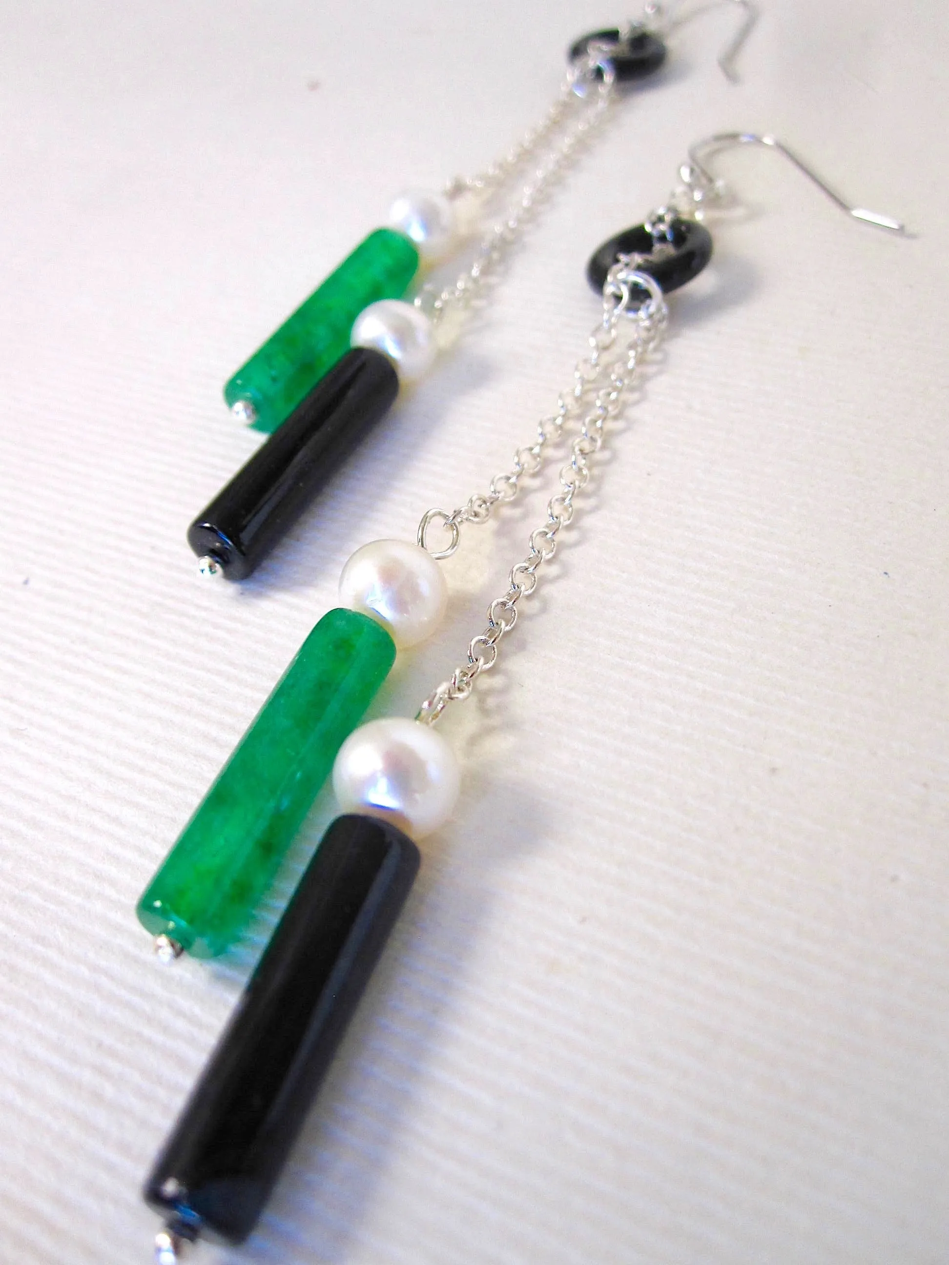 Jade, Black Agate and Freshwater Pearl Earrings