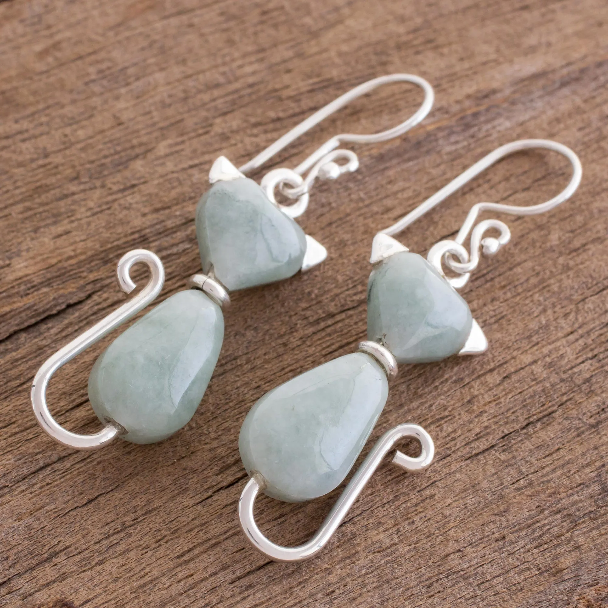 Jade Cat Dangle Earrings in Light Green from Guatemala - Cats of Love in Light Green | NOVICA