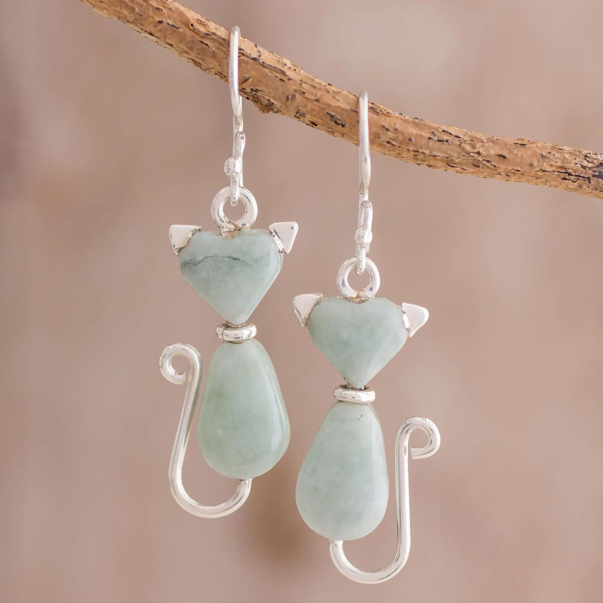 Jade Cat Dangle Earrings in Light Green from Guatemala - Cats of Love in Light Green | NOVICA