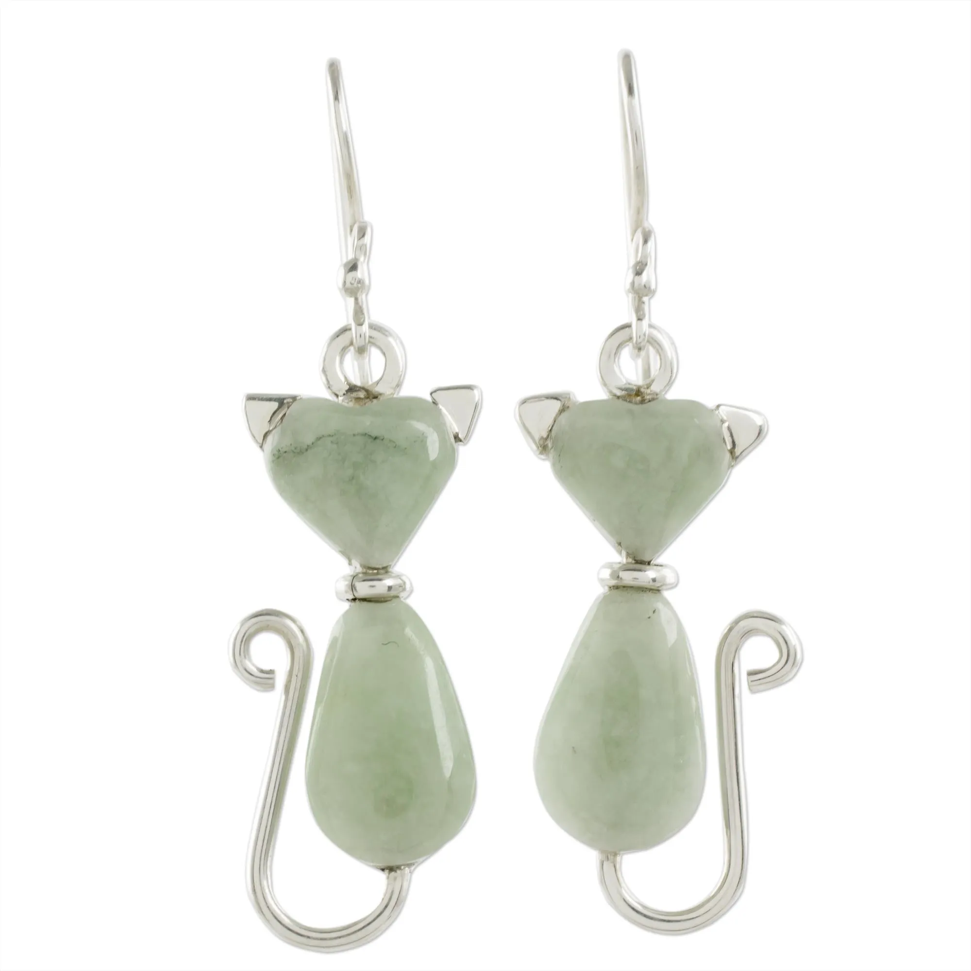 Jade Cat Dangle Earrings in Light Green from Guatemala - Cats of Love in Light Green | NOVICA