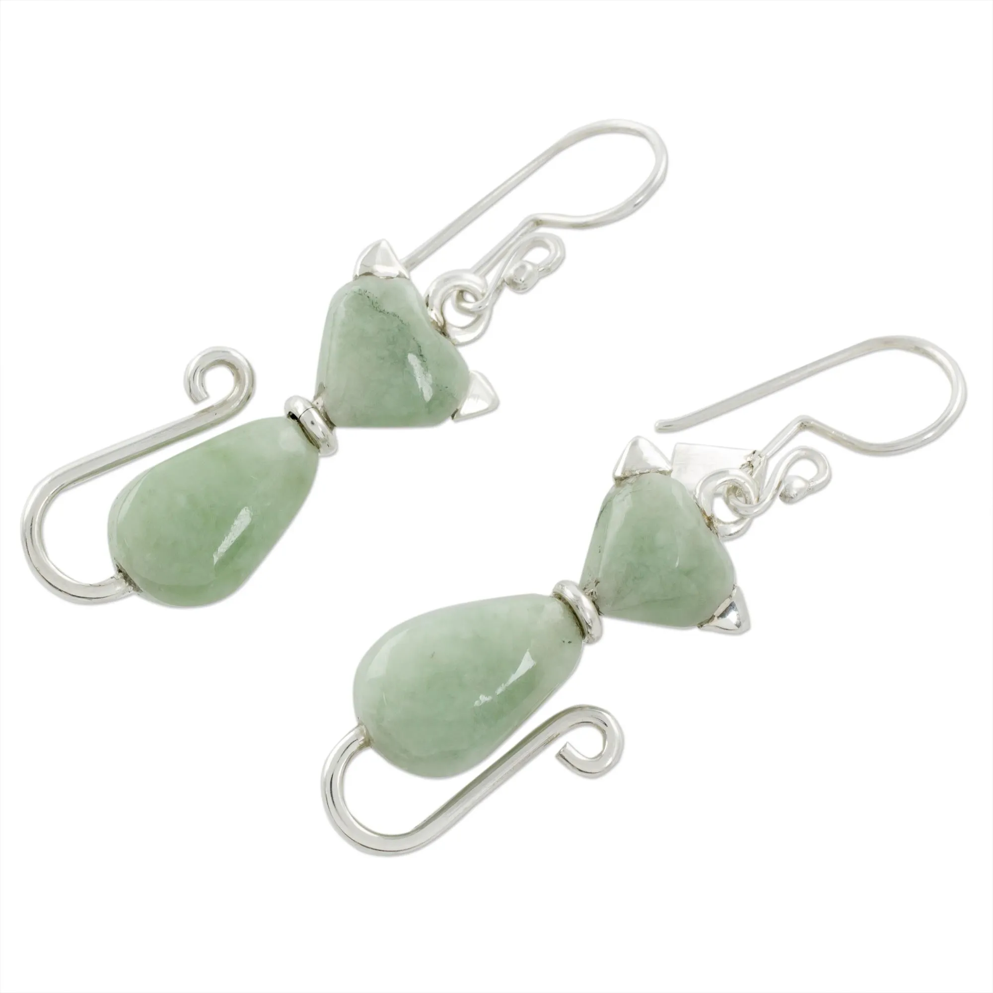 Jade Cat Dangle Earrings in Light Green from Guatemala - Cats of Love in Light Green | NOVICA