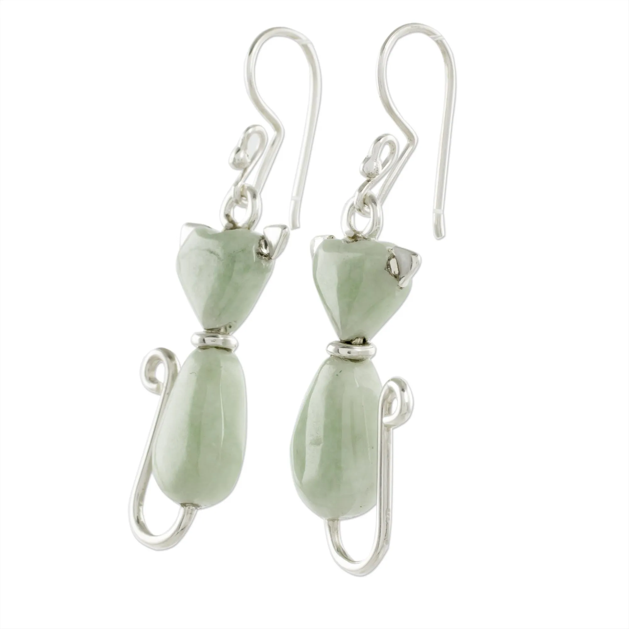 Jade Cat Dangle Earrings in Light Green from Guatemala - Cats of Love in Light Green | NOVICA