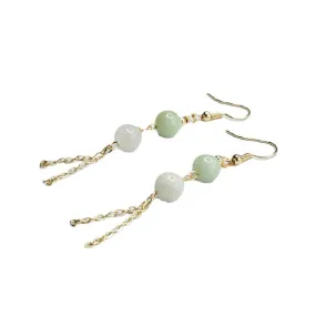 Jade Double Bead Tassel Earrings with Sterling Silver Ear Hooks