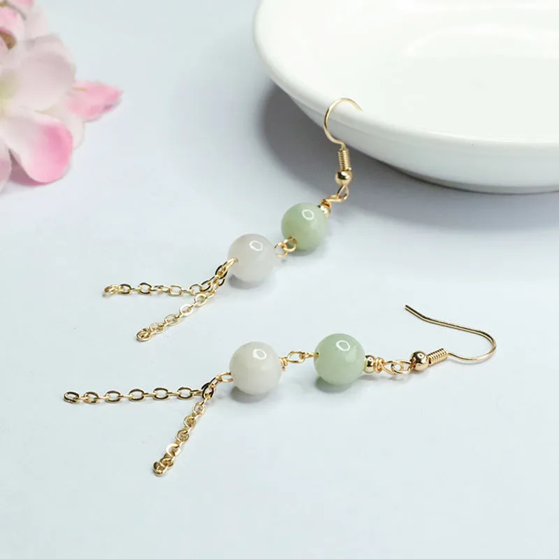 Jade Double Bead Tassel Earrings with Sterling Silver Ear Hooks