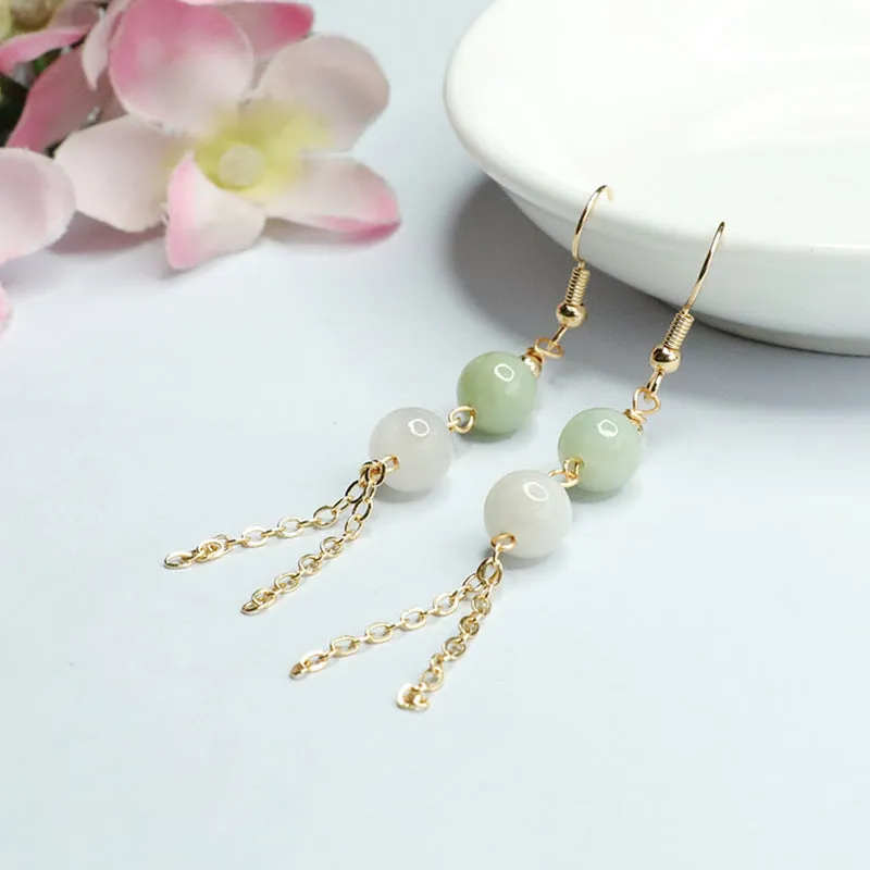 Jade Double Bead Tassel Earrings with Sterling Silver Ear Hooks